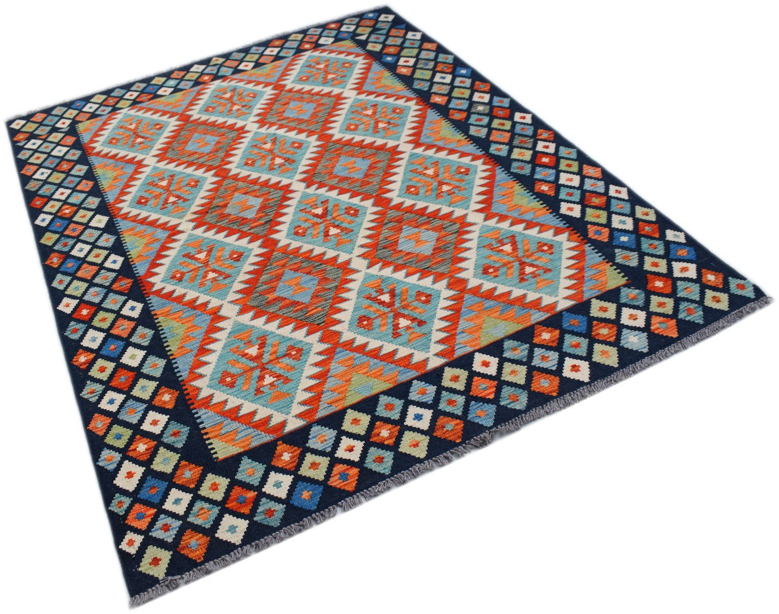 Handwoven Afghan Maimana kilim rug featuring a geometric diamond pattern in blue and orange.
