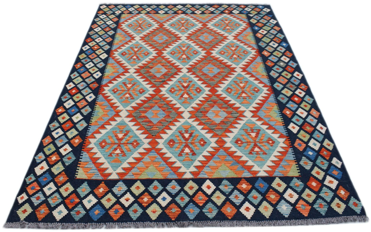 Handwoven Afghan Maimana kilim rug featuring a geometric diamond pattern in vibrant colors.