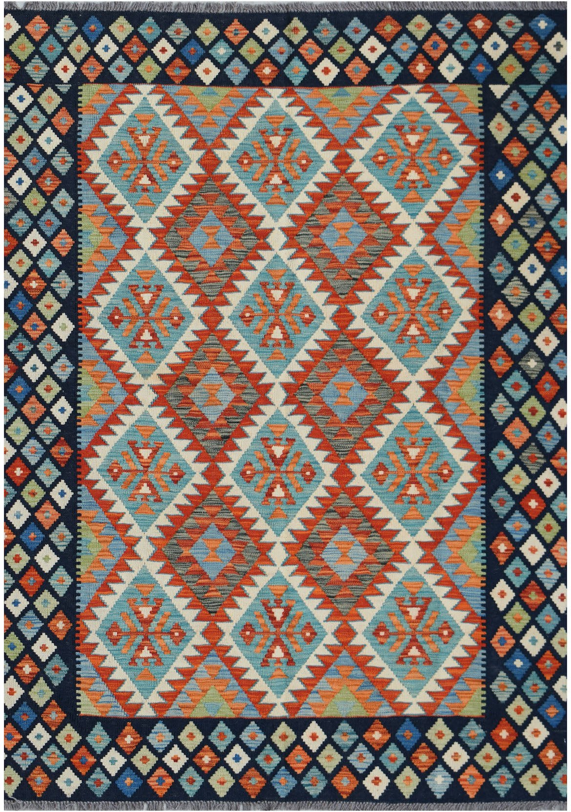 Handwoven Afghan Maimana kilim rug featuring a geometric diamond pattern in vibrant wool colors.