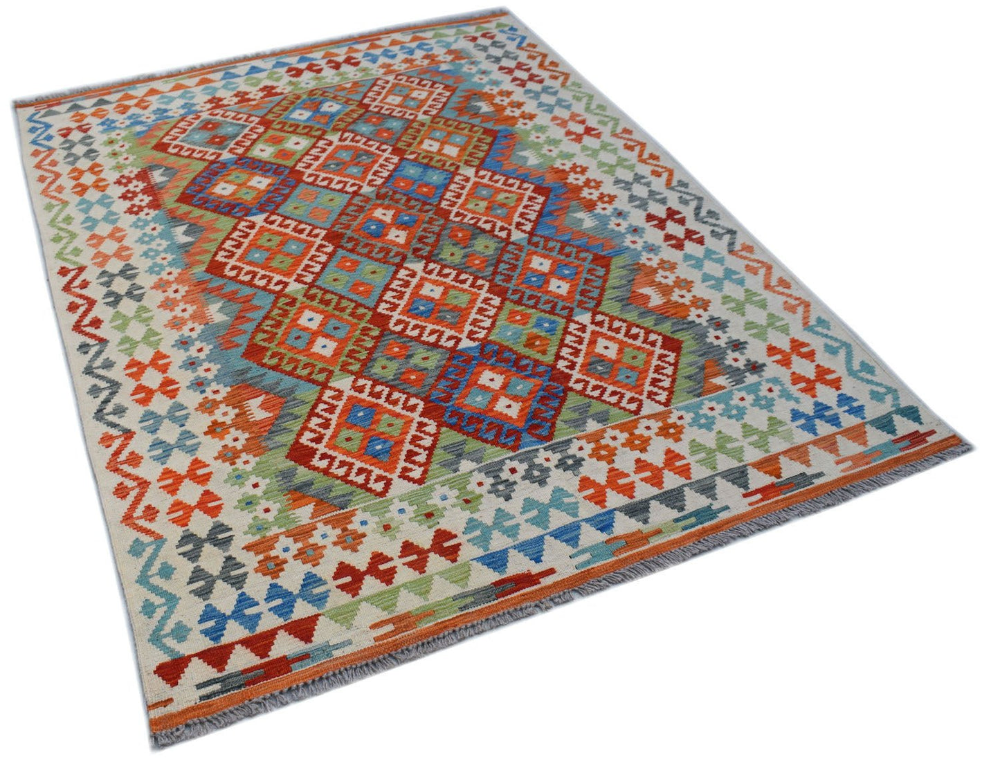 Handwoven Afghan Maimana kilim rug featuring a colorful geometric pattern on a cream background.