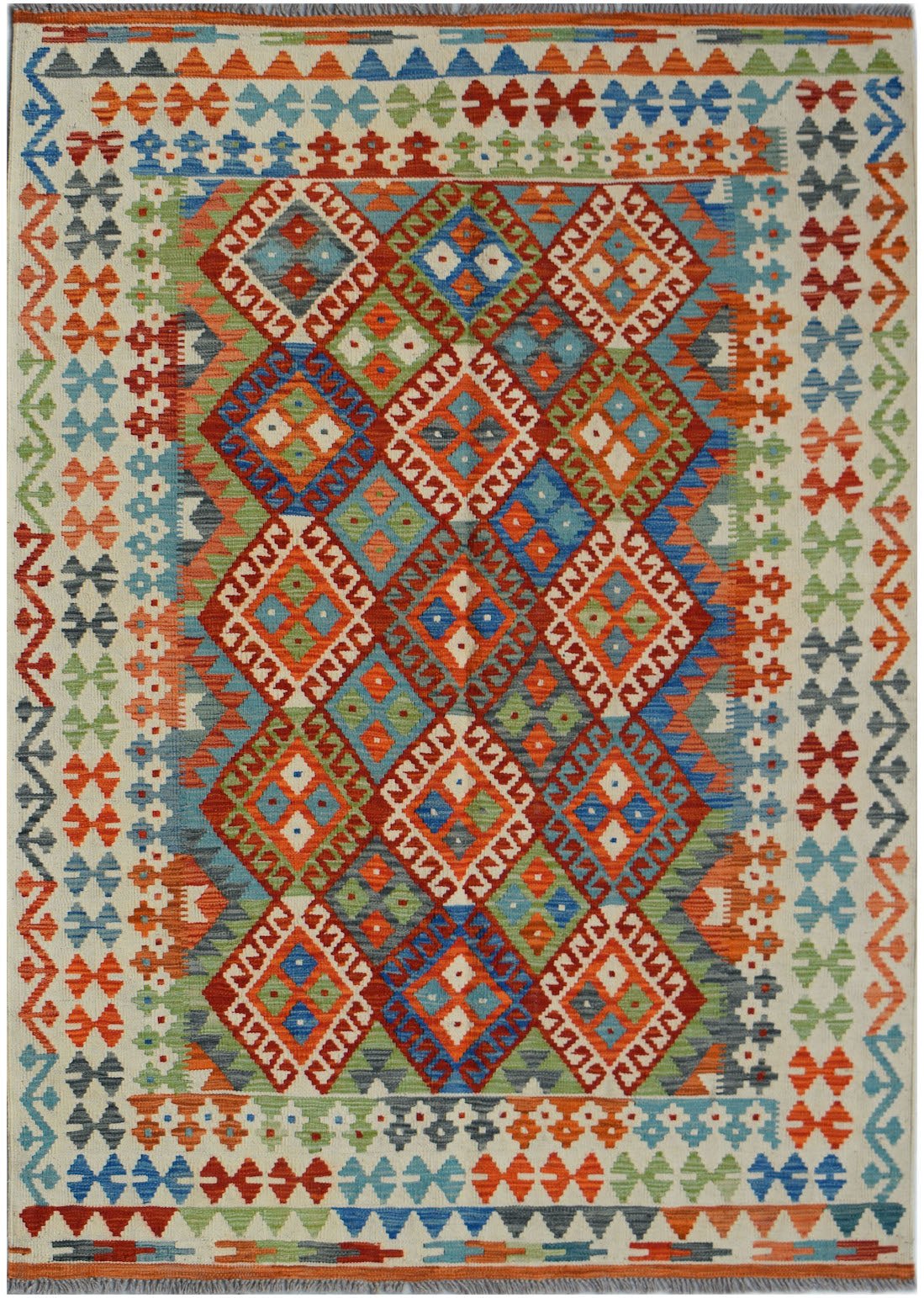 Handwoven Afghan Maimana kilim rug featuring a colorful geometric diamond pattern.