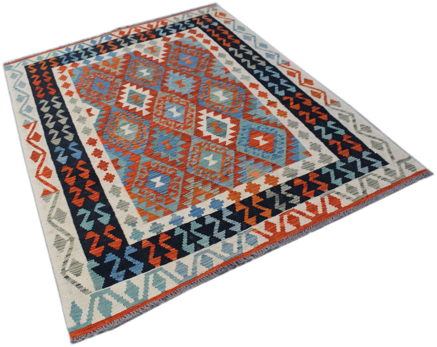 Handwoven Afghan Maimana kilim rug featuring a geometric diamond pattern in blue, orange, and cream.