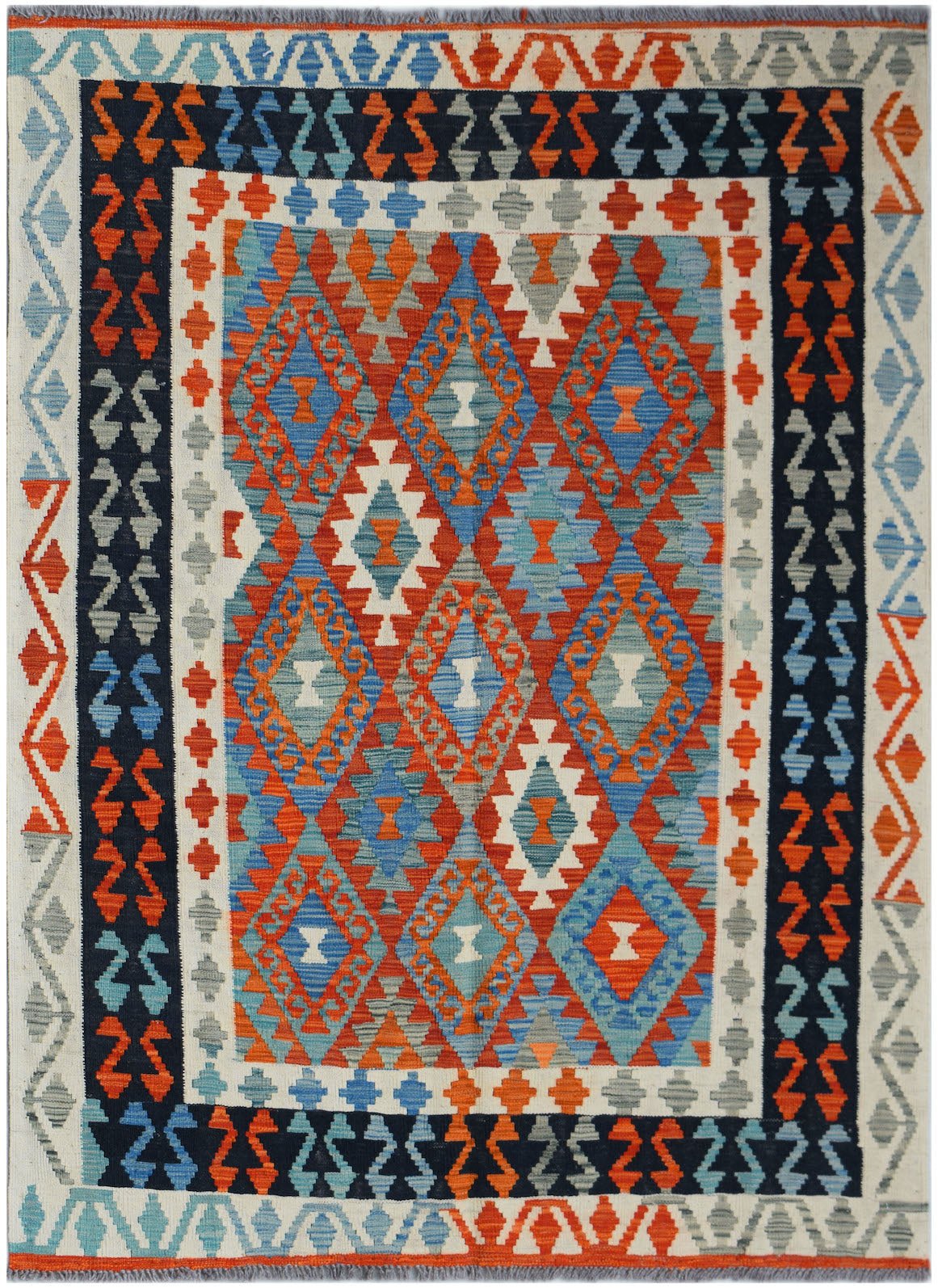 Handwoven Afghan Maimana kilim rug featuring a geometric diamond pattern in blue, orange, and grey.