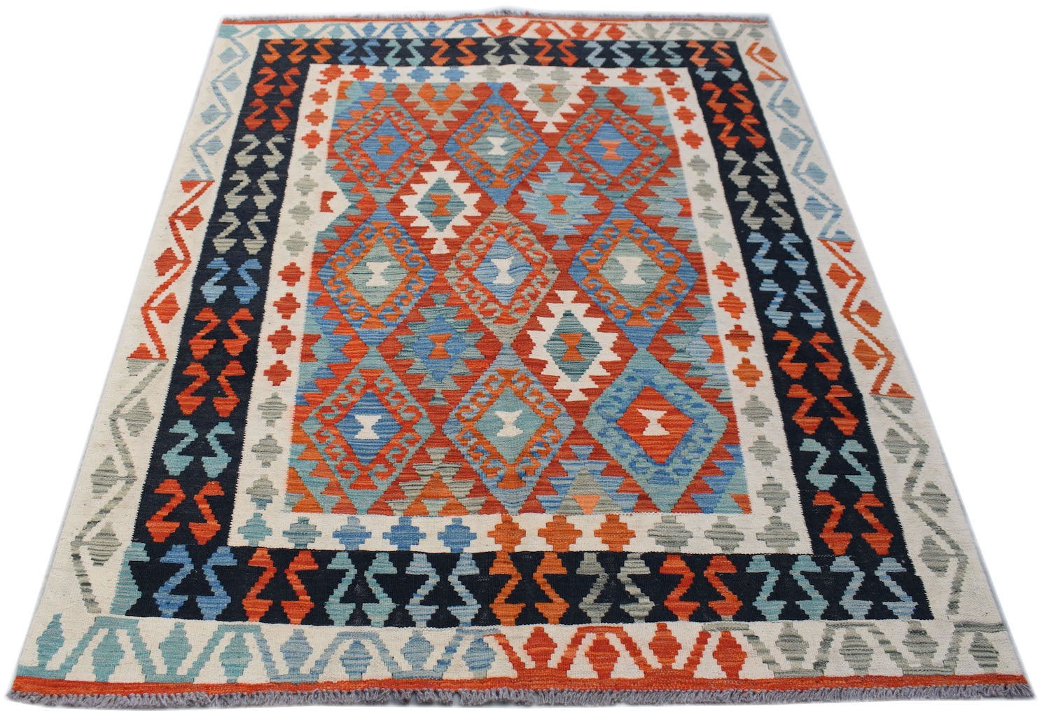 Handwoven Afghan Maimana kilim rug featuring a geometric diamond pattern in orange and blue.