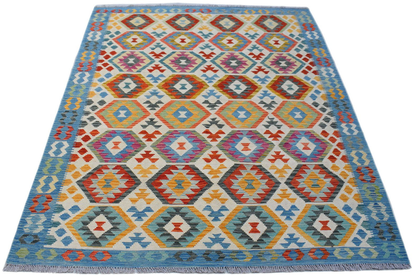 Handmade Afghan Maimana kilim rug featuring a colorful geometric diamond pattern on a cream field.