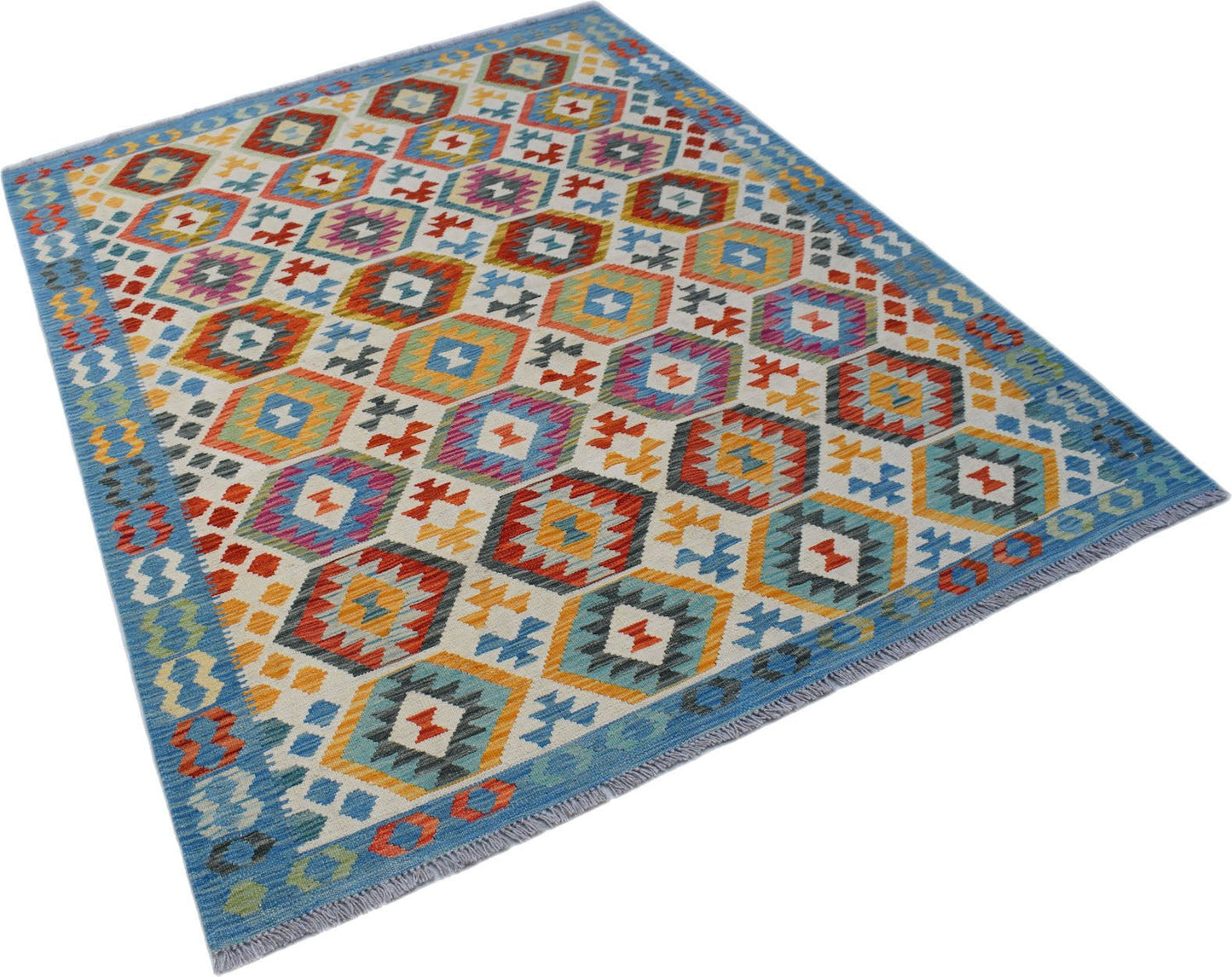 Handwoven Afghan Maimana kilim rug featuring a colorful geometric diamond pattern and blue border.