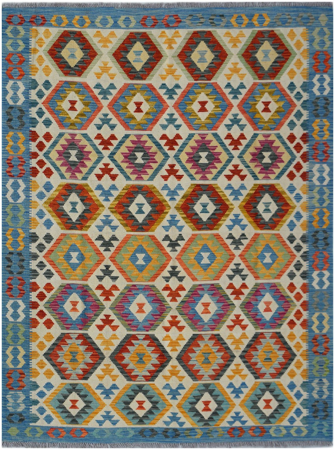 Handwoven Afghan Maimana kilim rug featuring a colorful geometric diamond pattern on a cream base.