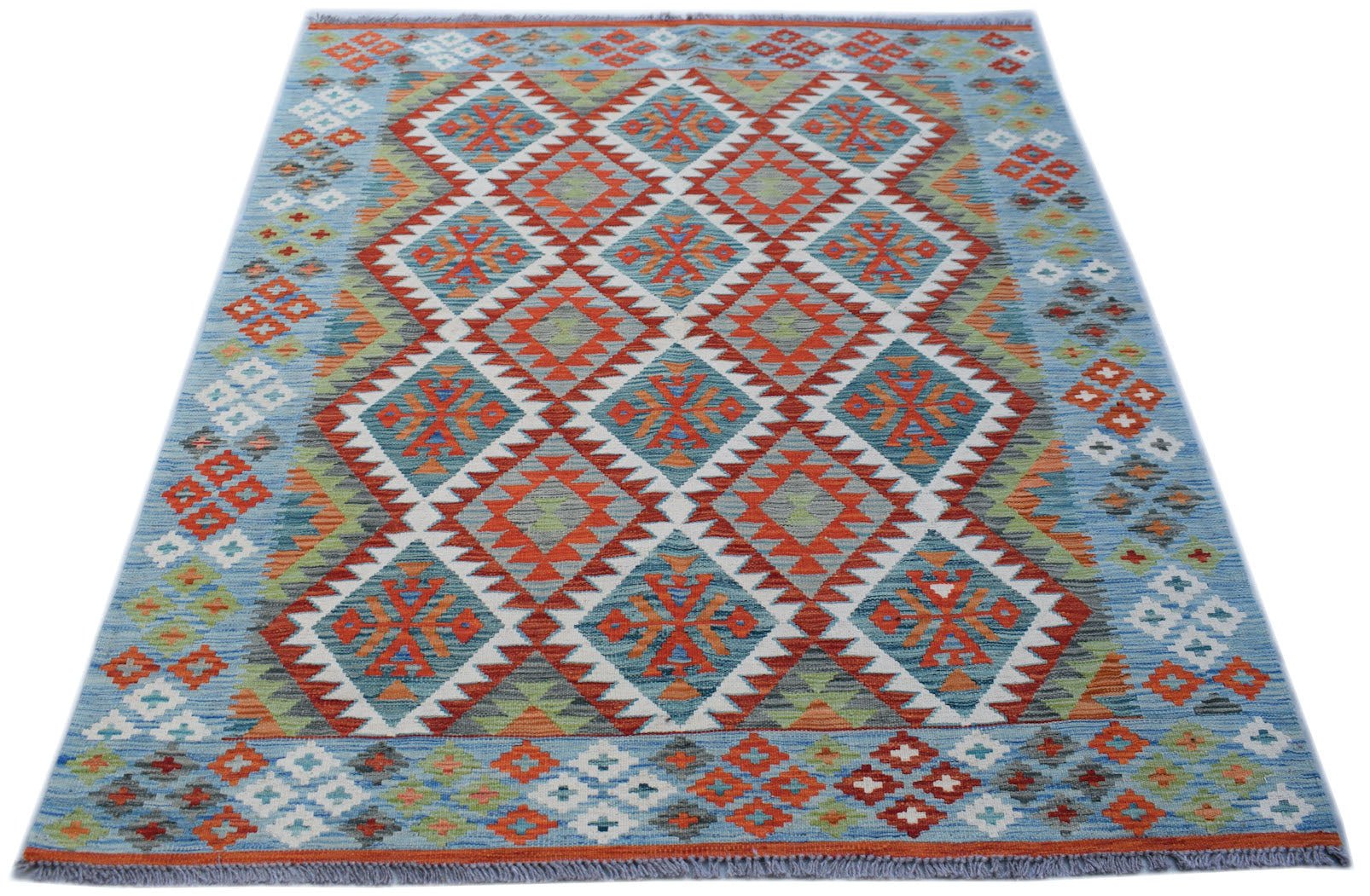 Handwoven Afghan Maimana kilim rug featuring a blue background with a geometric diamond pattern.