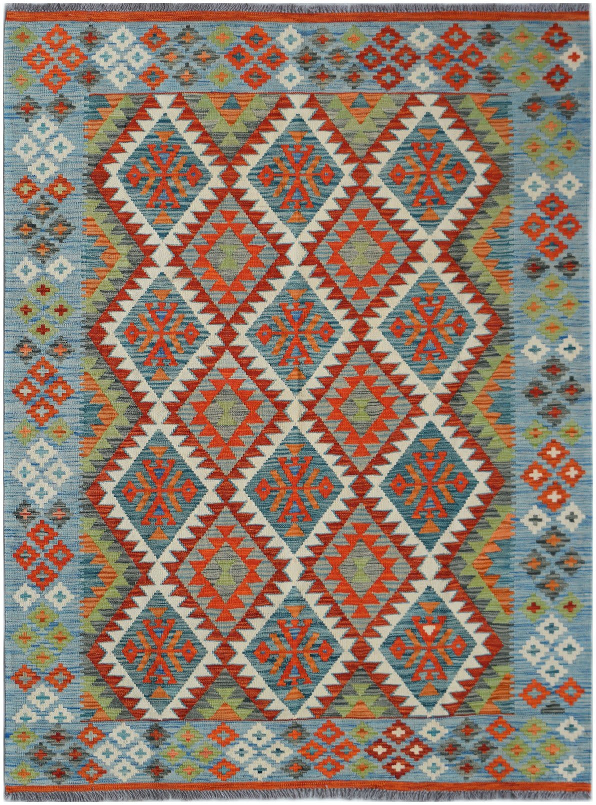Handwoven Afghan Maimana kilim rug featuring a geometric diamond pattern in blue, red, and green.