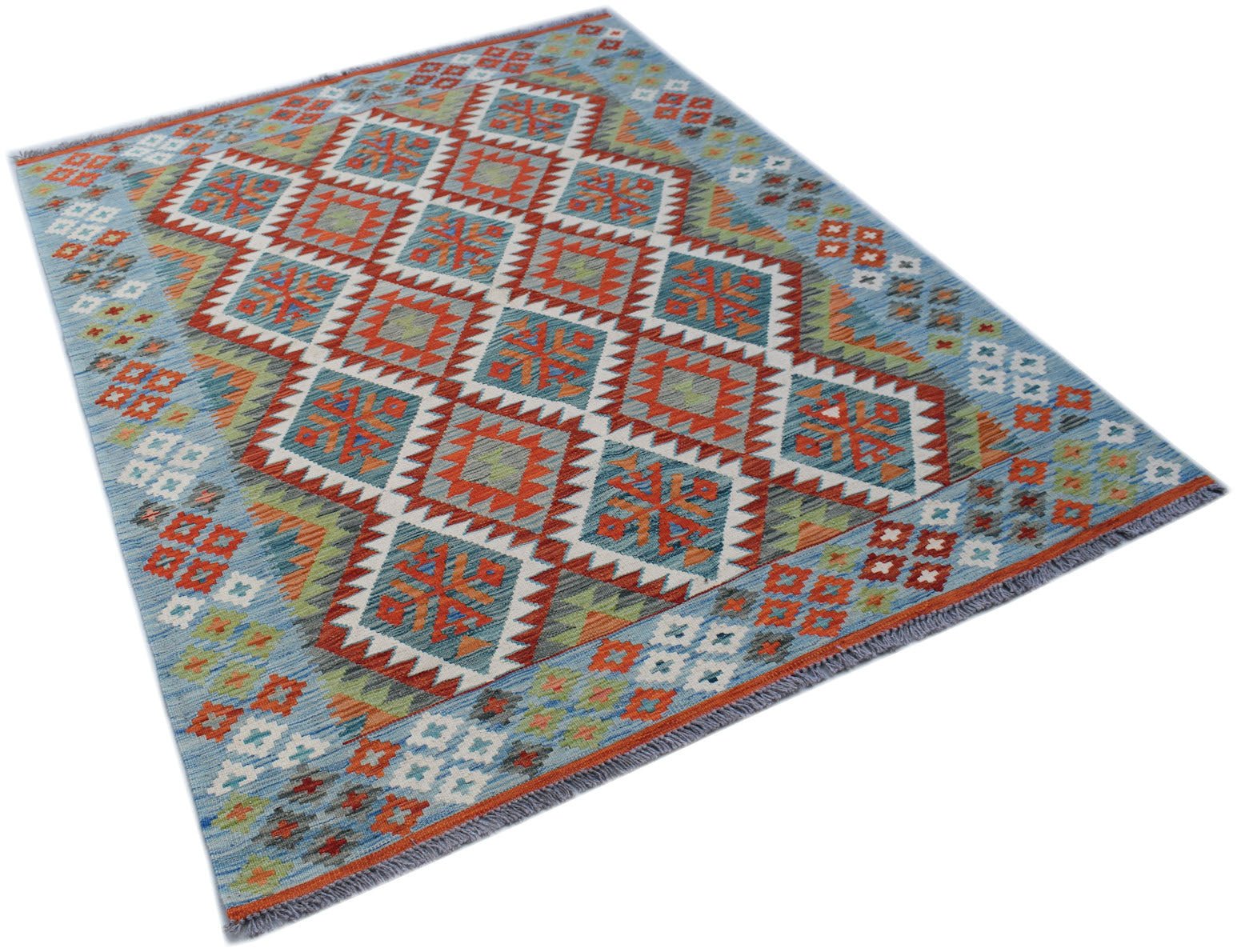 Handmade Afghan Maimana kilim rug featuring a geometric diamond pattern in blue, orange, and green.