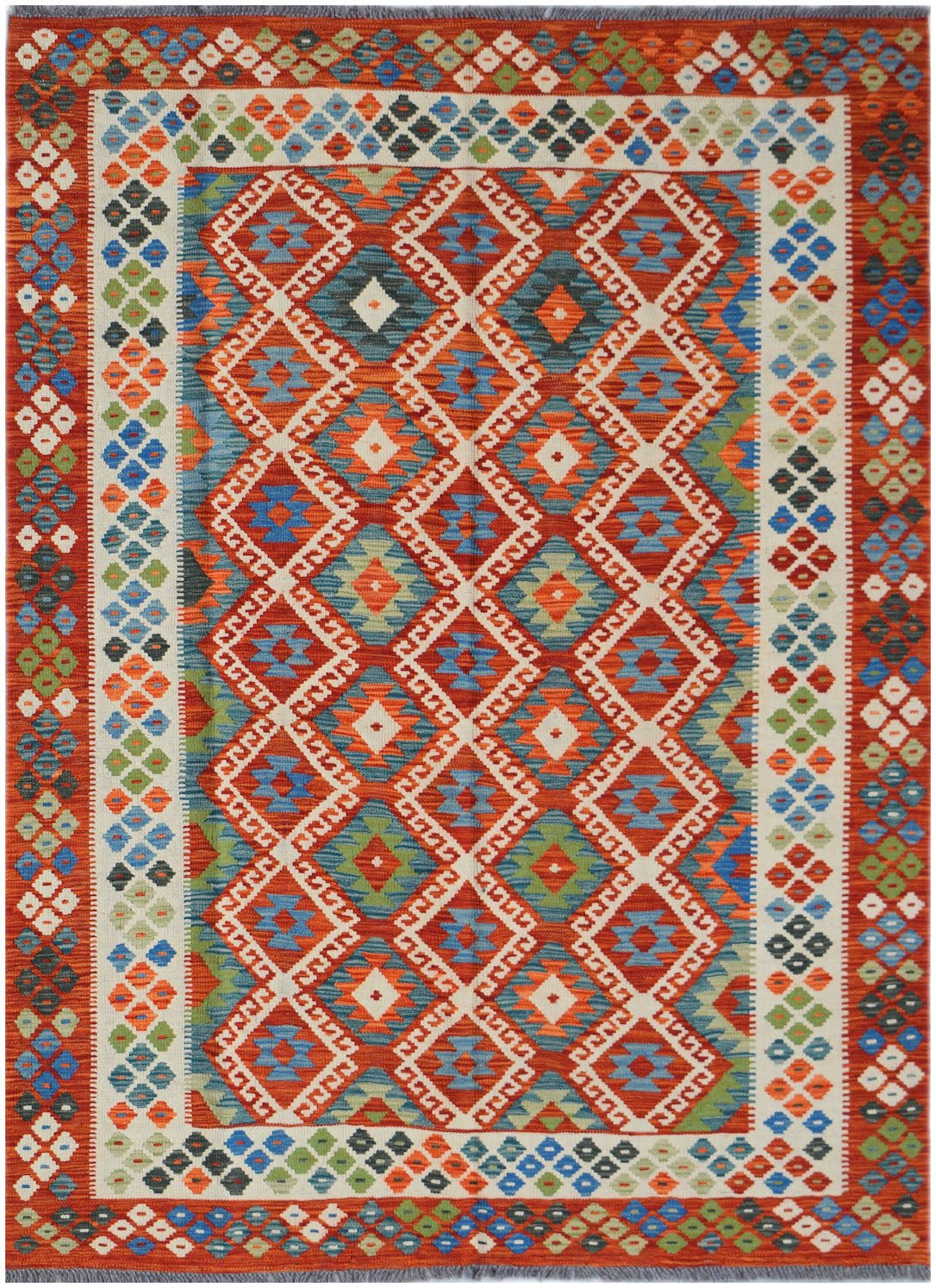 Handwoven Afghan Maimana kilim rug featuring a geometric diamond pattern in red, blue, and green.