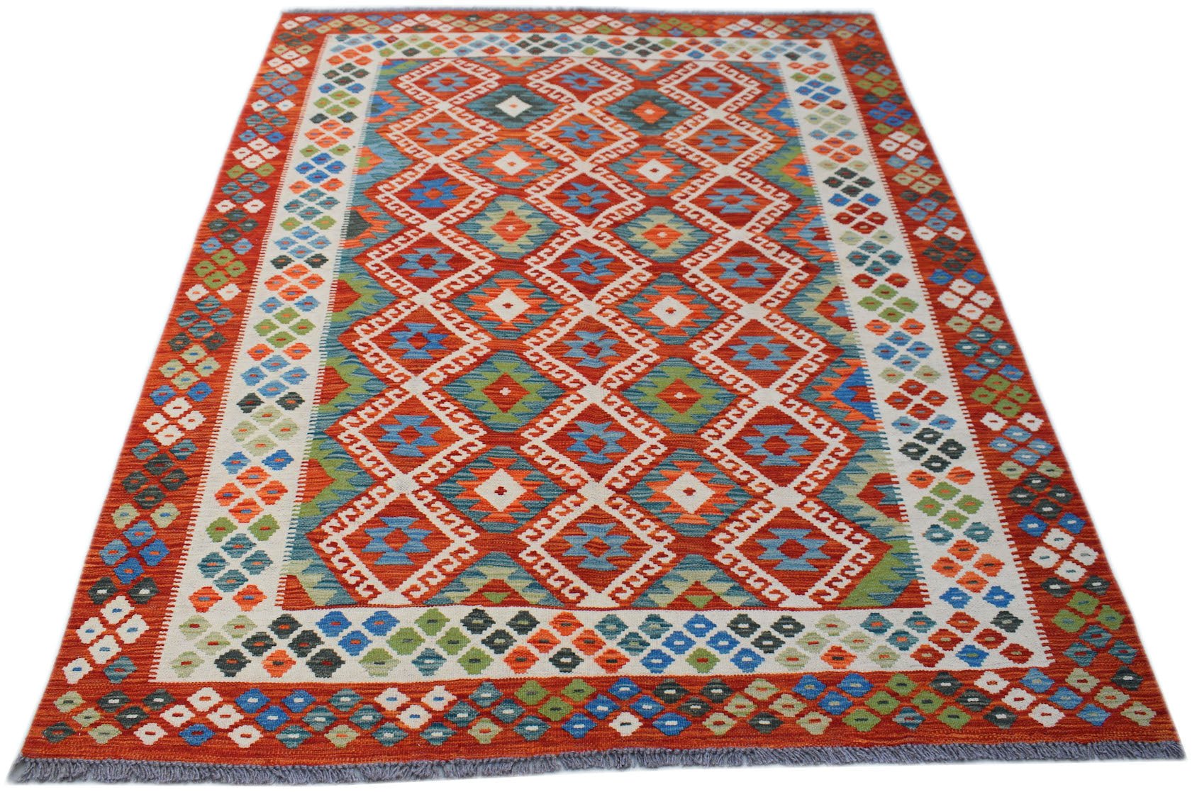 Handmade Afghan Maimana kilim rug featuring a vibrant geometric diamond pattern in wool.