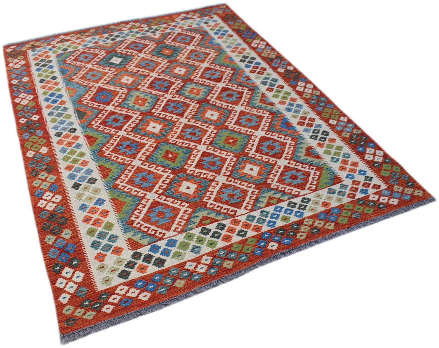 Handwoven Afghan Maimana kilim rug featuring a geometric diamond pattern in red, blue, and green.