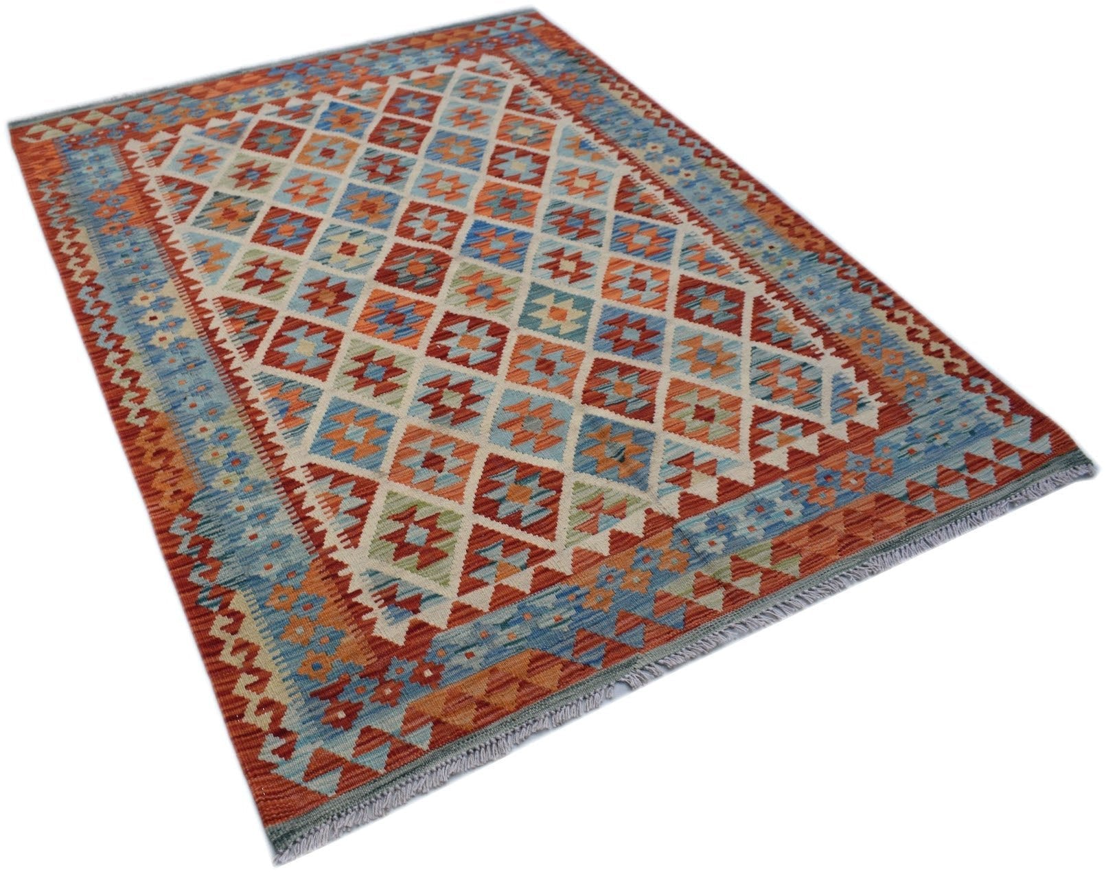 Handwoven Afghan Maimana kilim rug featuring a geometric diamond pattern in red, blue, and cream.