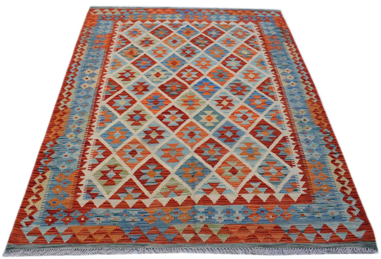 Handwoven Afghan Maimana kilim rug featuring a colorful geometric diamond pattern.