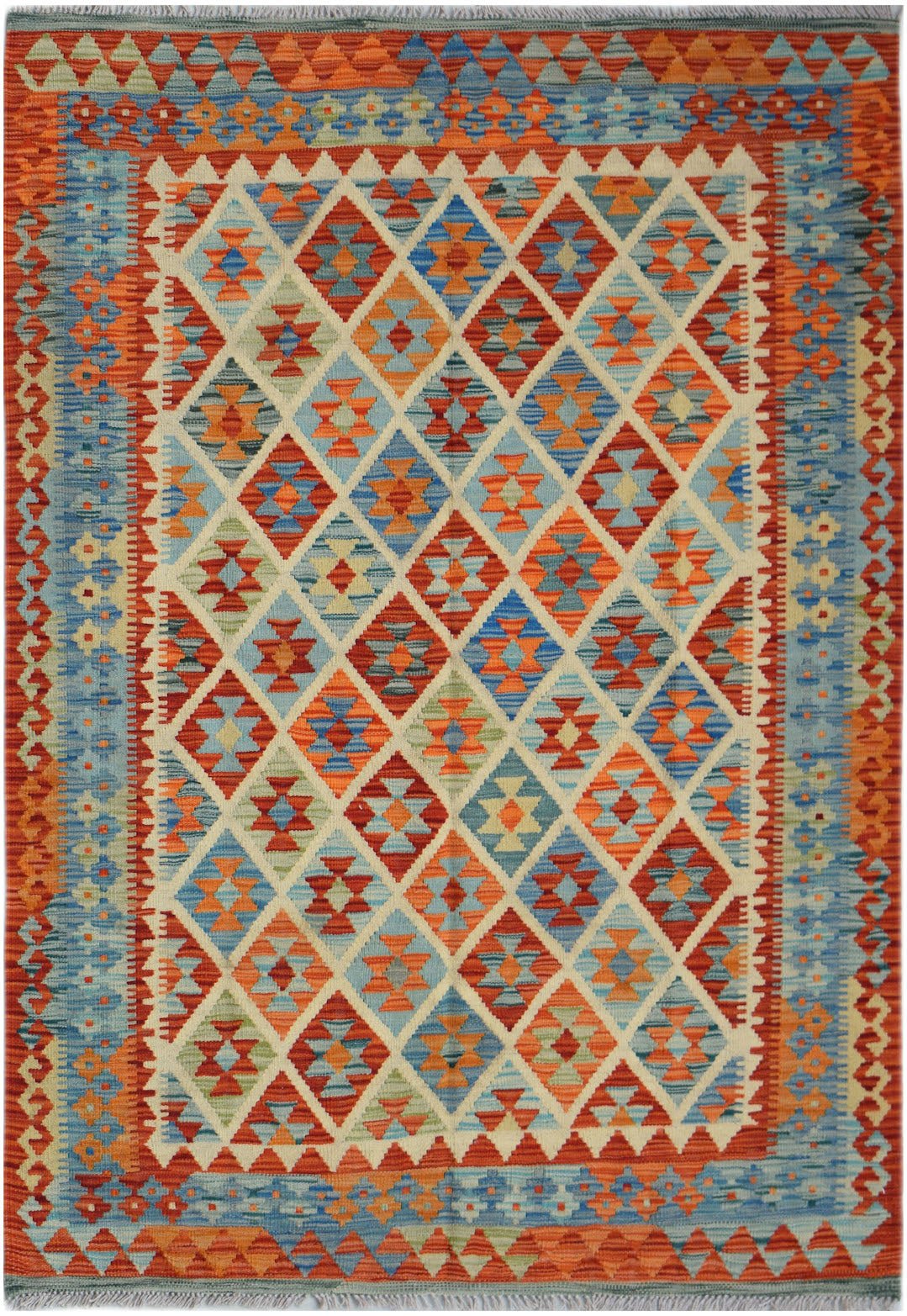 Handwoven Afghan Maimana kilim rug featuring a vibrant geometric diamond pattern in wool.