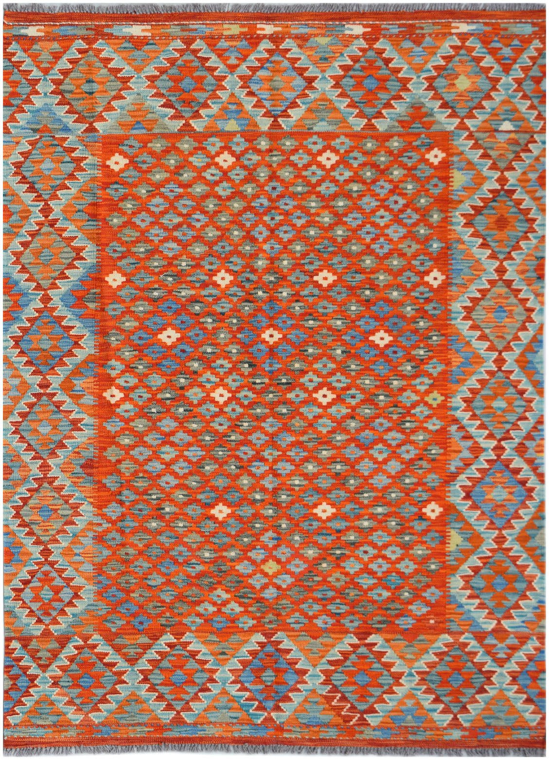Handwoven Afghan Maimana kilim rug featuring a geometric diamond pattern in orange and blue.