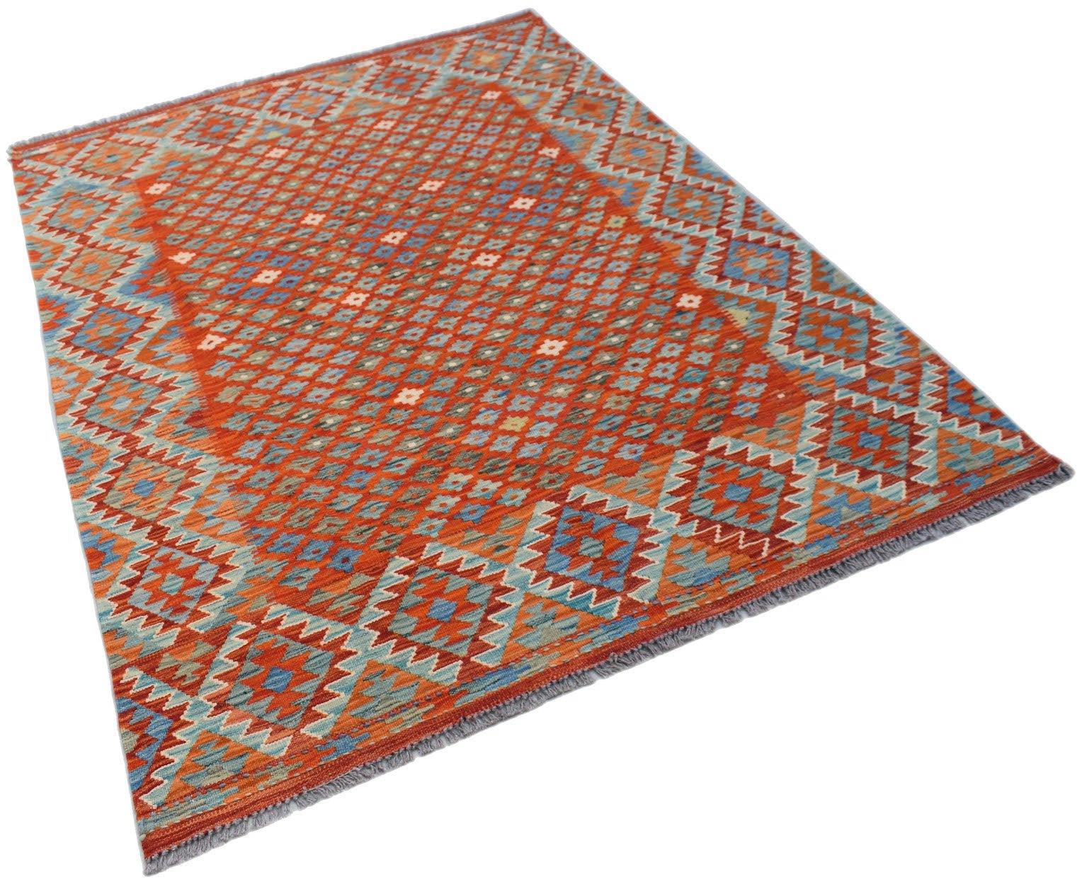 Handwoven Afghan Maimana kilim rug featuring a geometric diamond pattern in orange and blue tones.