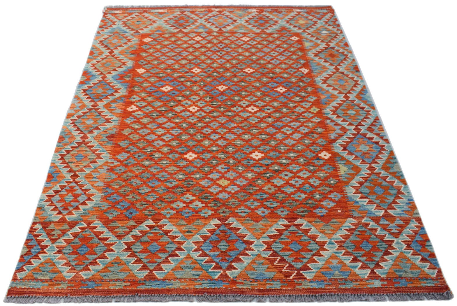 Handwoven Afghan Maimana kilim rug featuring a geometric diamond pattern in orange and blue.