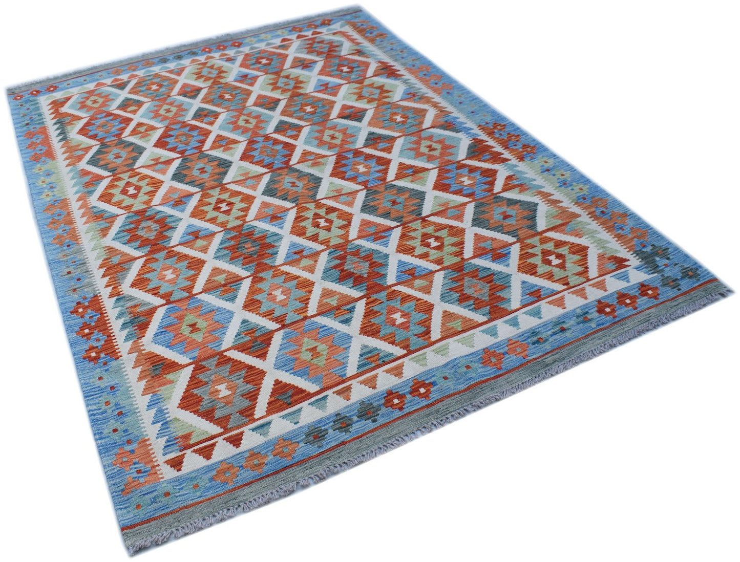 Handwoven Afghan Maimana kilim rug featuring a geometric diamond pattern in blue, orange, and white.