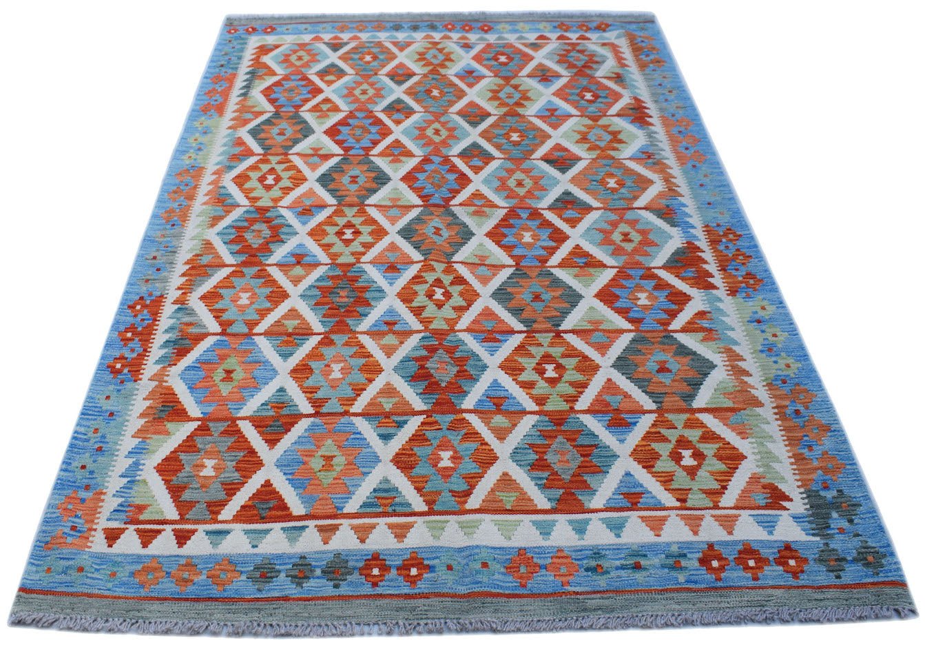 Handmade Afghan Maimana kilim rug featuring a colorful geometric diamond pattern on a blue border.