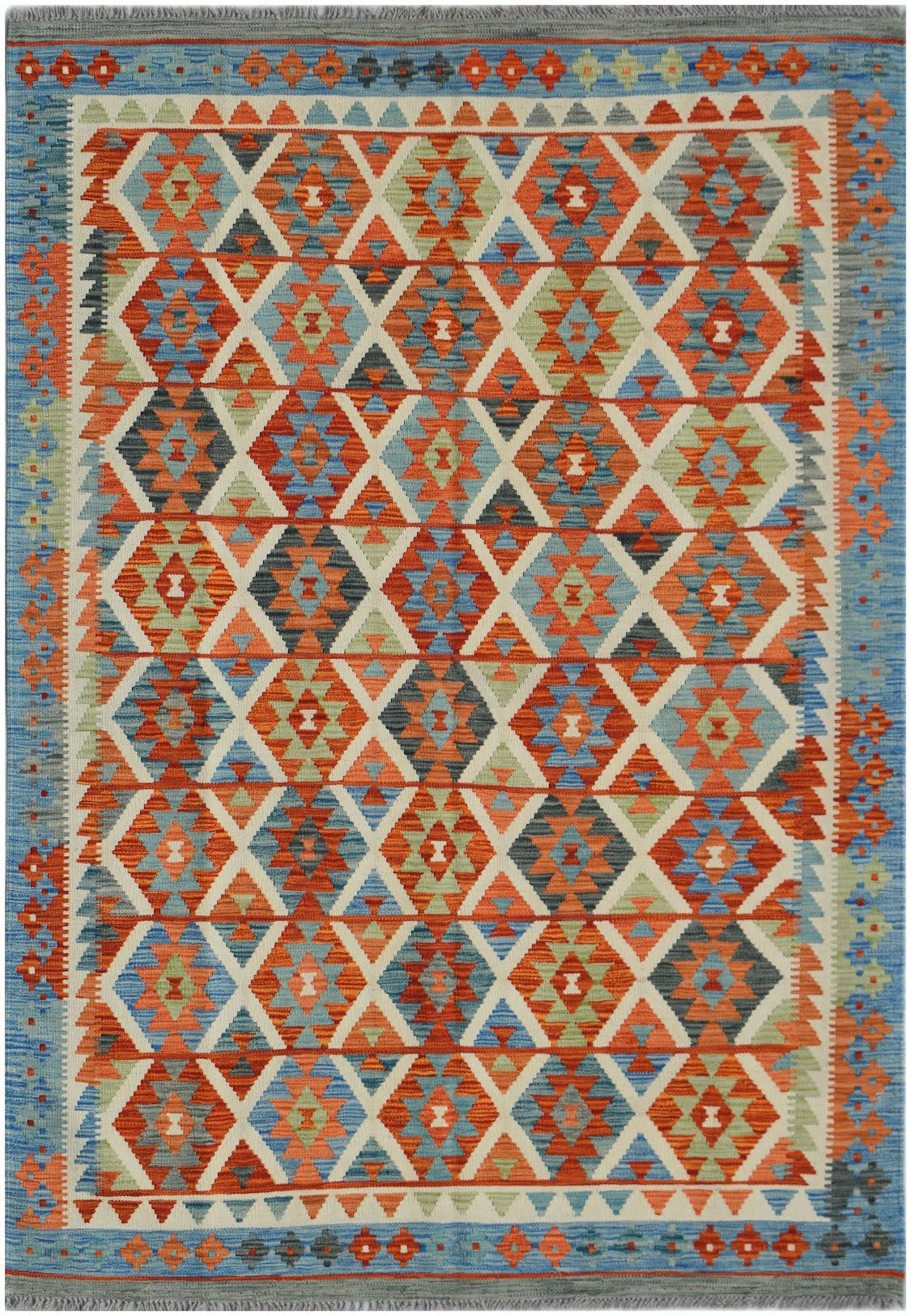Handwoven Afghan Maimana kilim rug featuring a colorful geometric diamond pattern in wool.