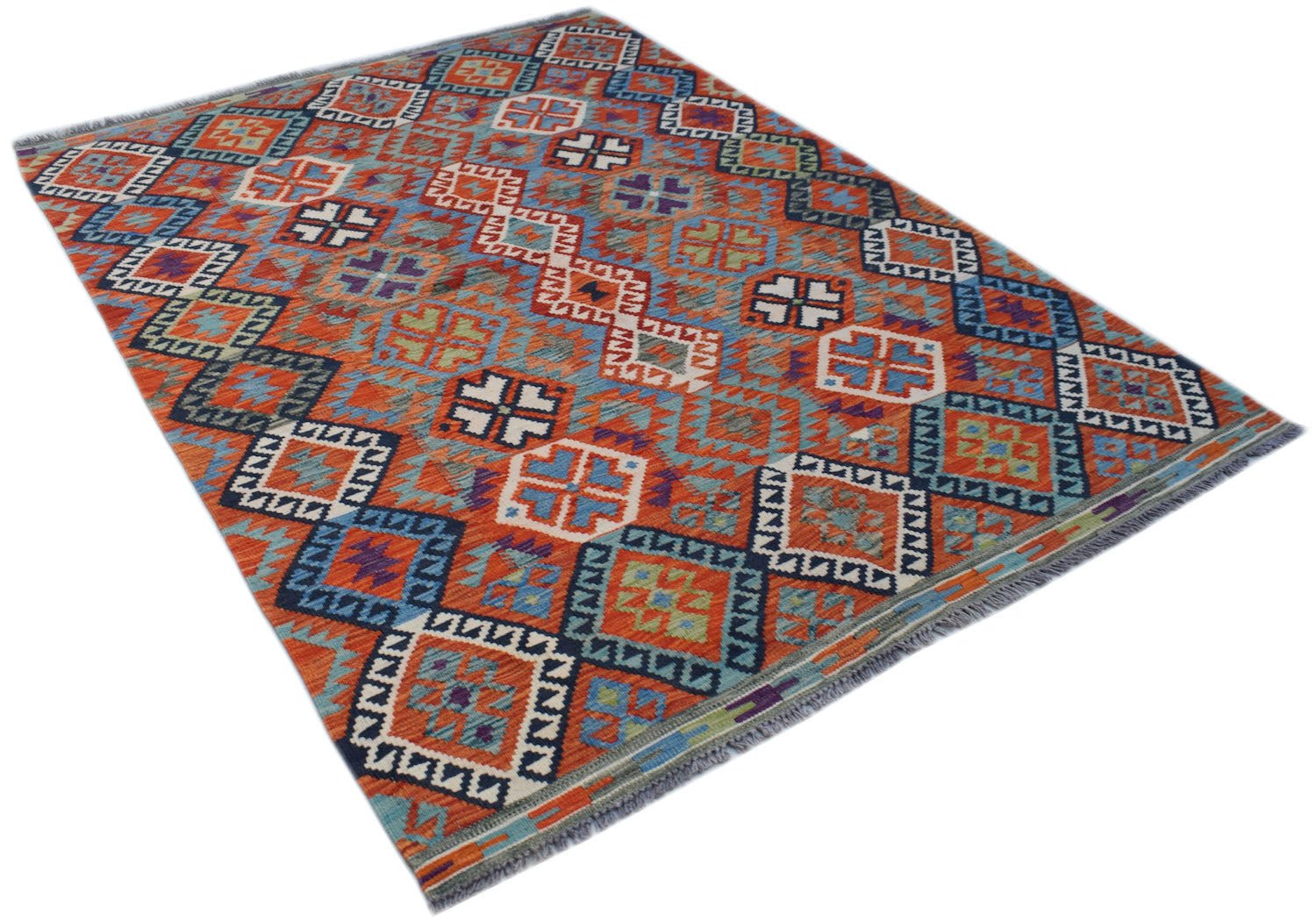 Handwoven Afghan Maimana kilim rug featuring a vibrant geometric pattern in wool.