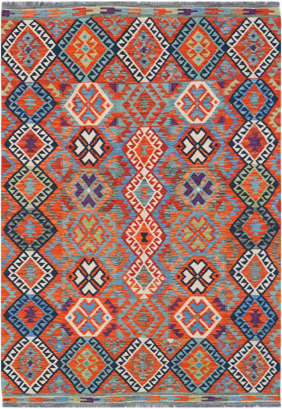 Handwoven Afghan Maimana kilim rug featuring a vibrant geometric pattern in wool.