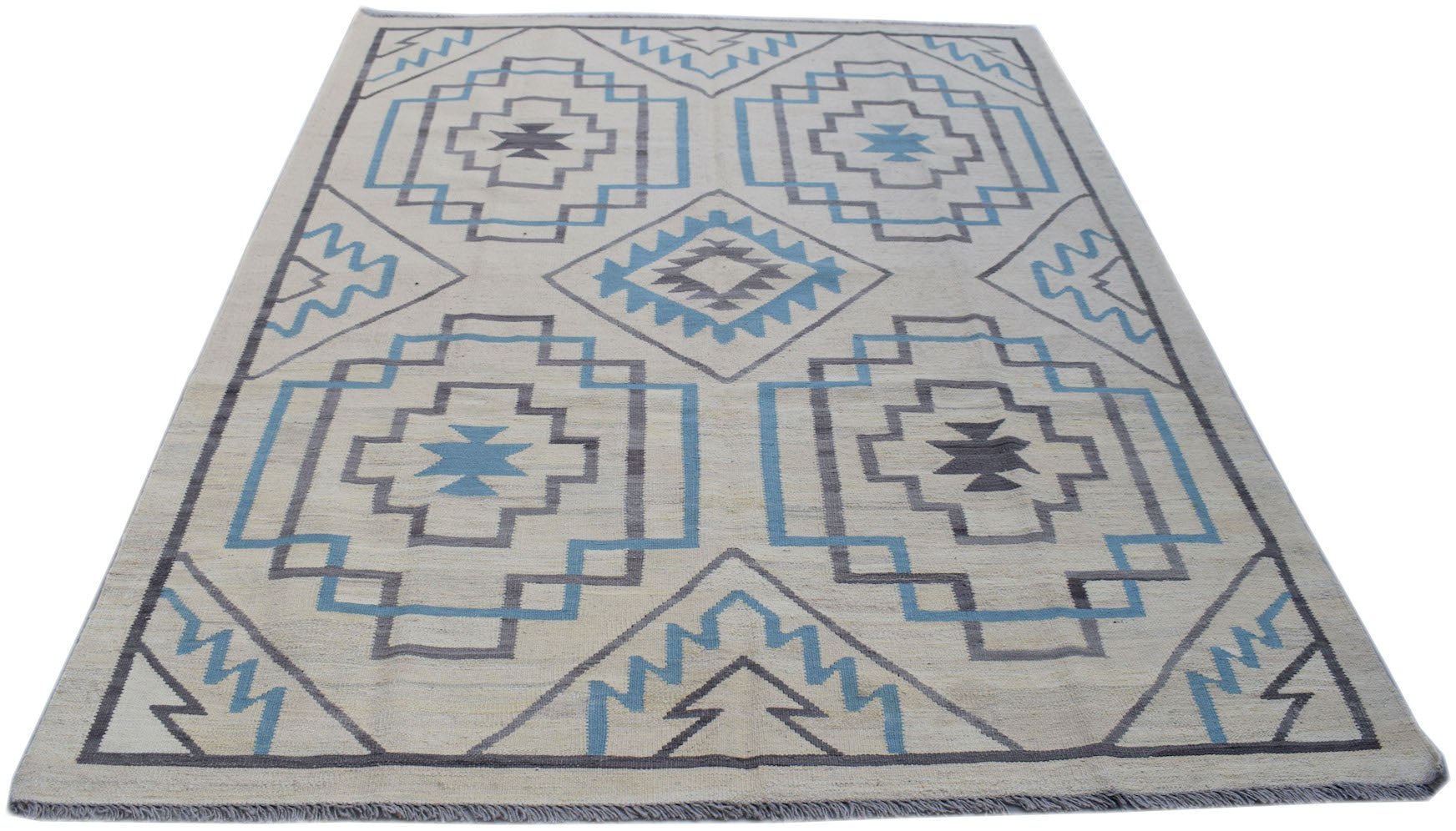 Handmade Afghan Maimana kilim rug featuring a geometric pattern in blue, grey, and cream wool.