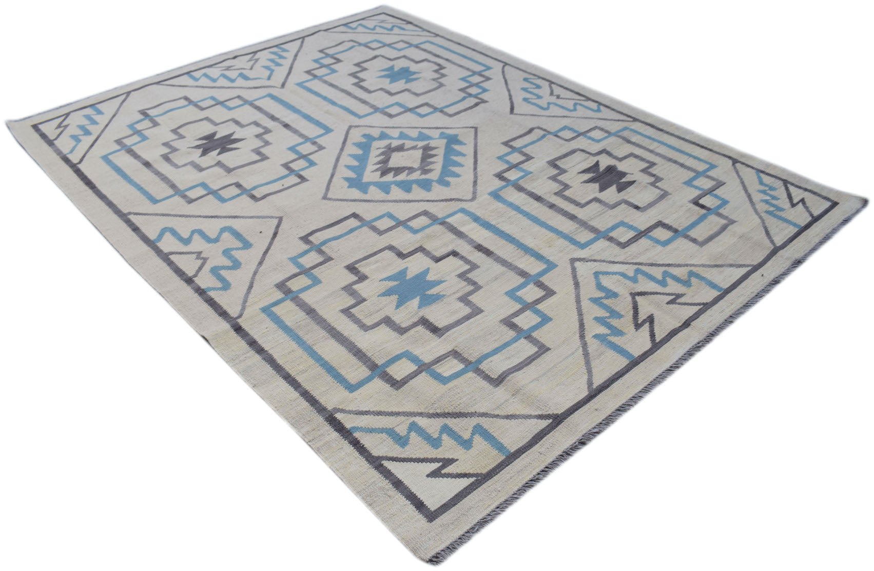 A handmade Afghan Maimana kilim rug featuring a geometric pattern in blue and grey on a cream base.