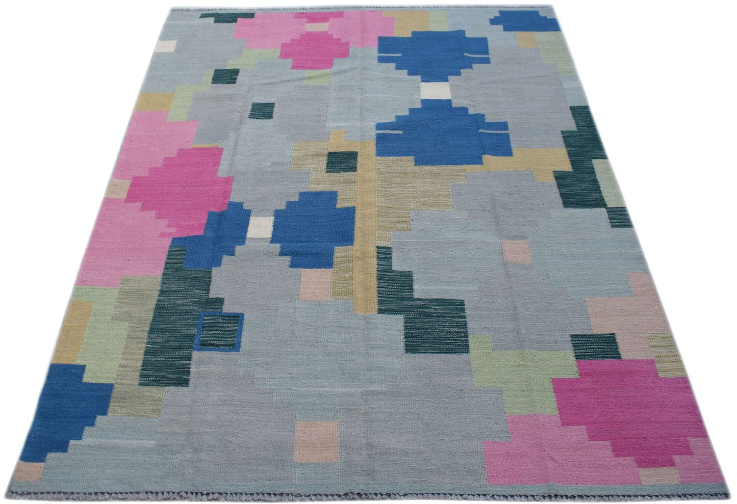 Handmade Afghan Maimana kilim rug featuring a geometric pattern in blue, pink, and neutral tones.