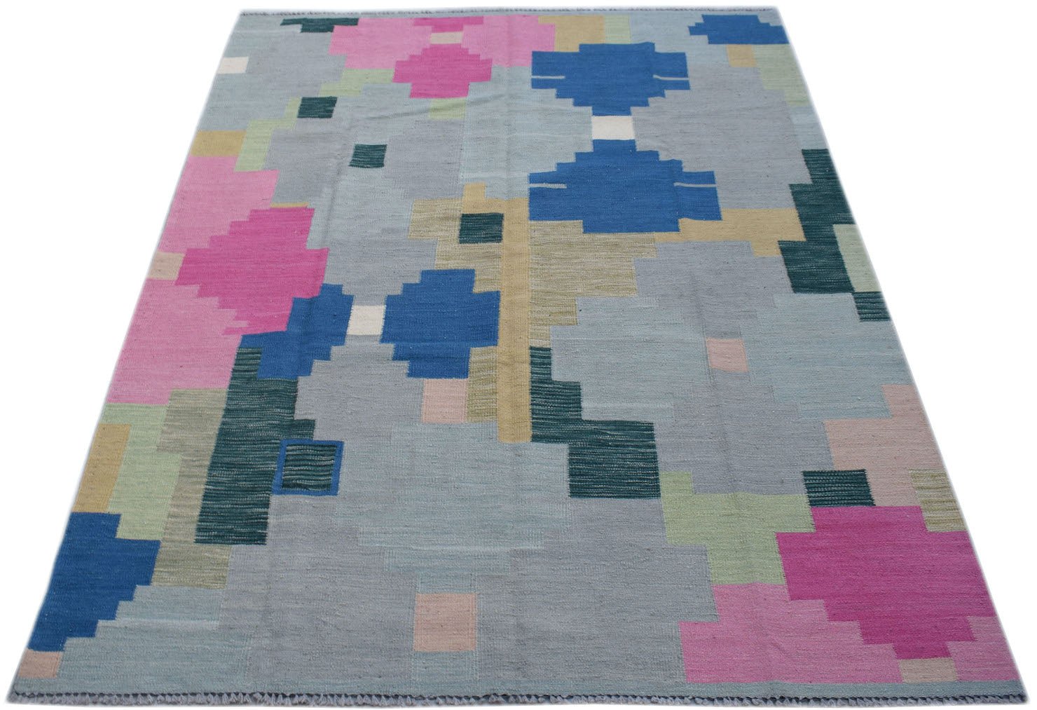 Handmade Afghan Maimana kilim rug featuring a geometric pattern in blue, pink, and neutral tones.
