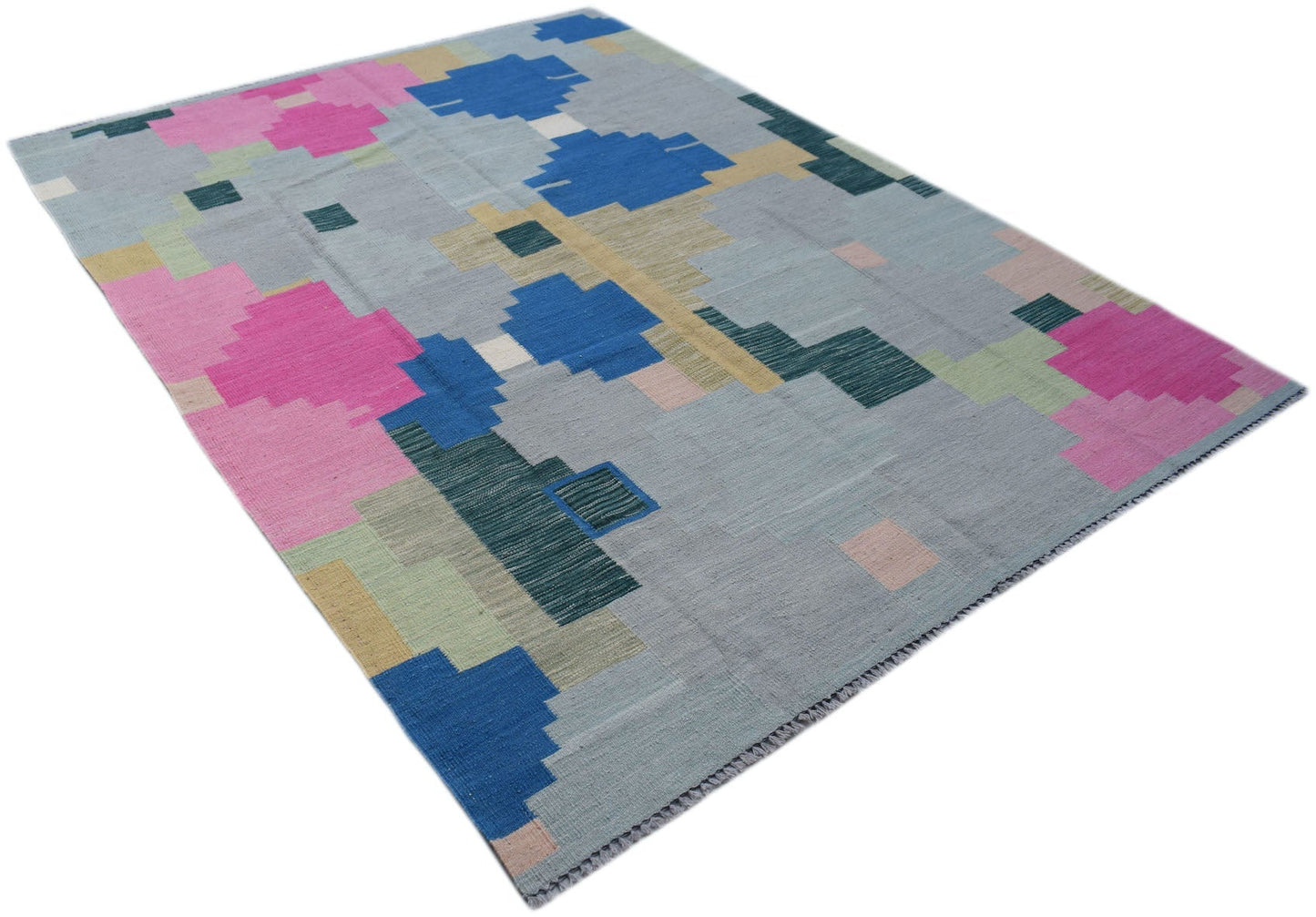 Handwoven Afghan Maimana kilim rug featuring a geometric pattern in blue, pink, and grey tones.