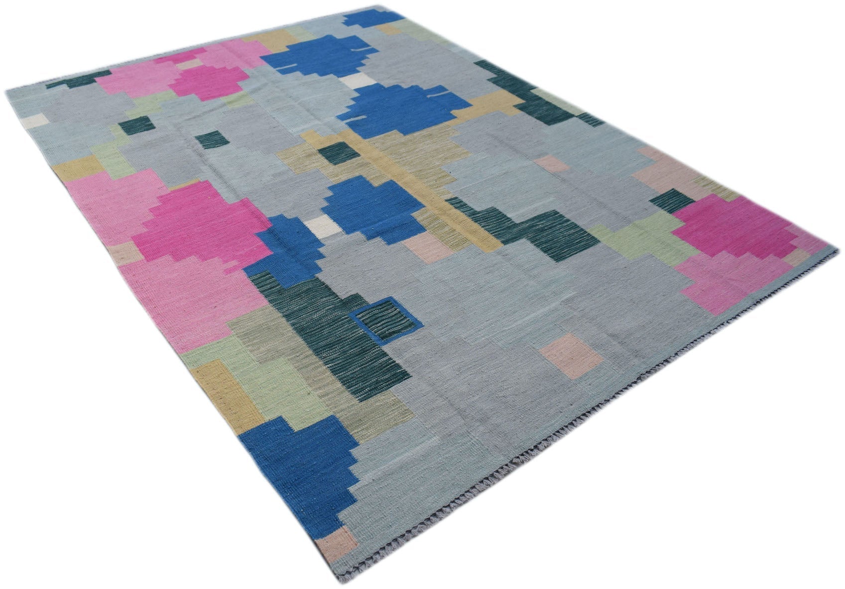 Handwoven Afghan Maimana kilim rug featuring a geometric pattern in blue, pink, and grey tones.