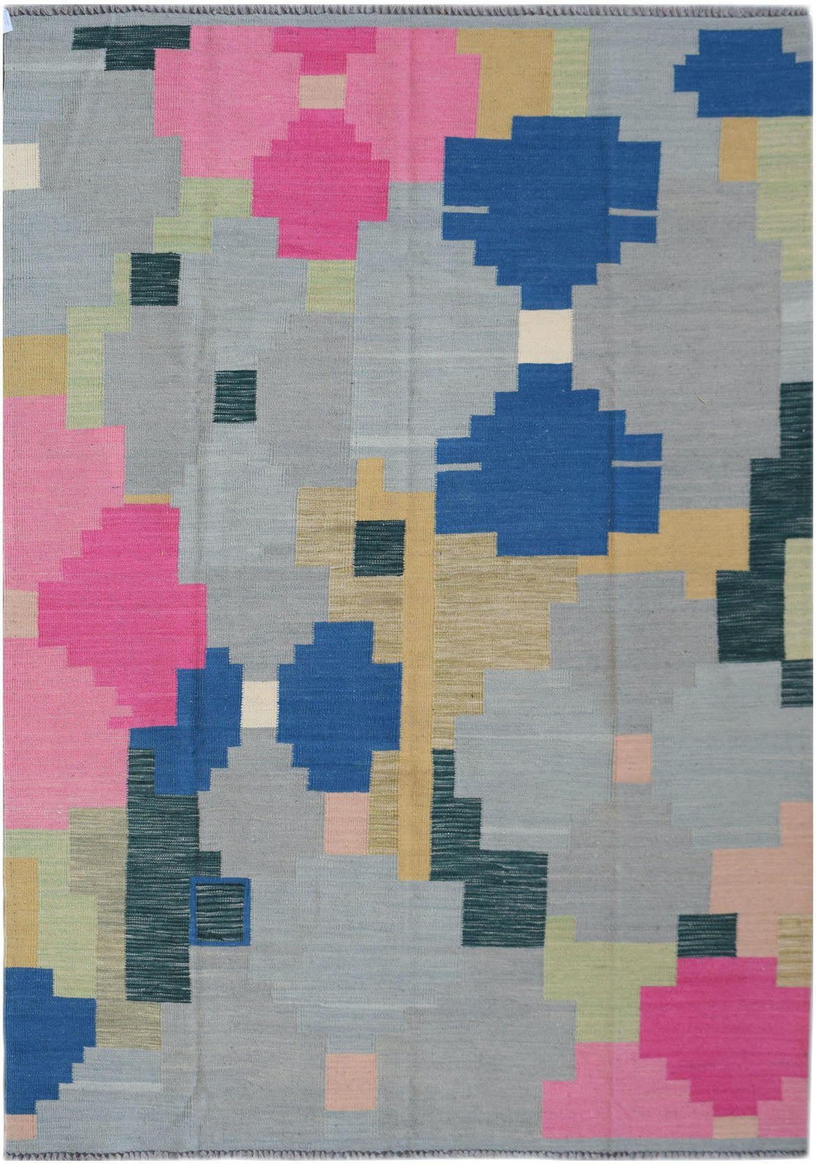 Handwoven Afghan Maimana kilim rug featuring a geometric pattern in pink, blue, and grey tones.
