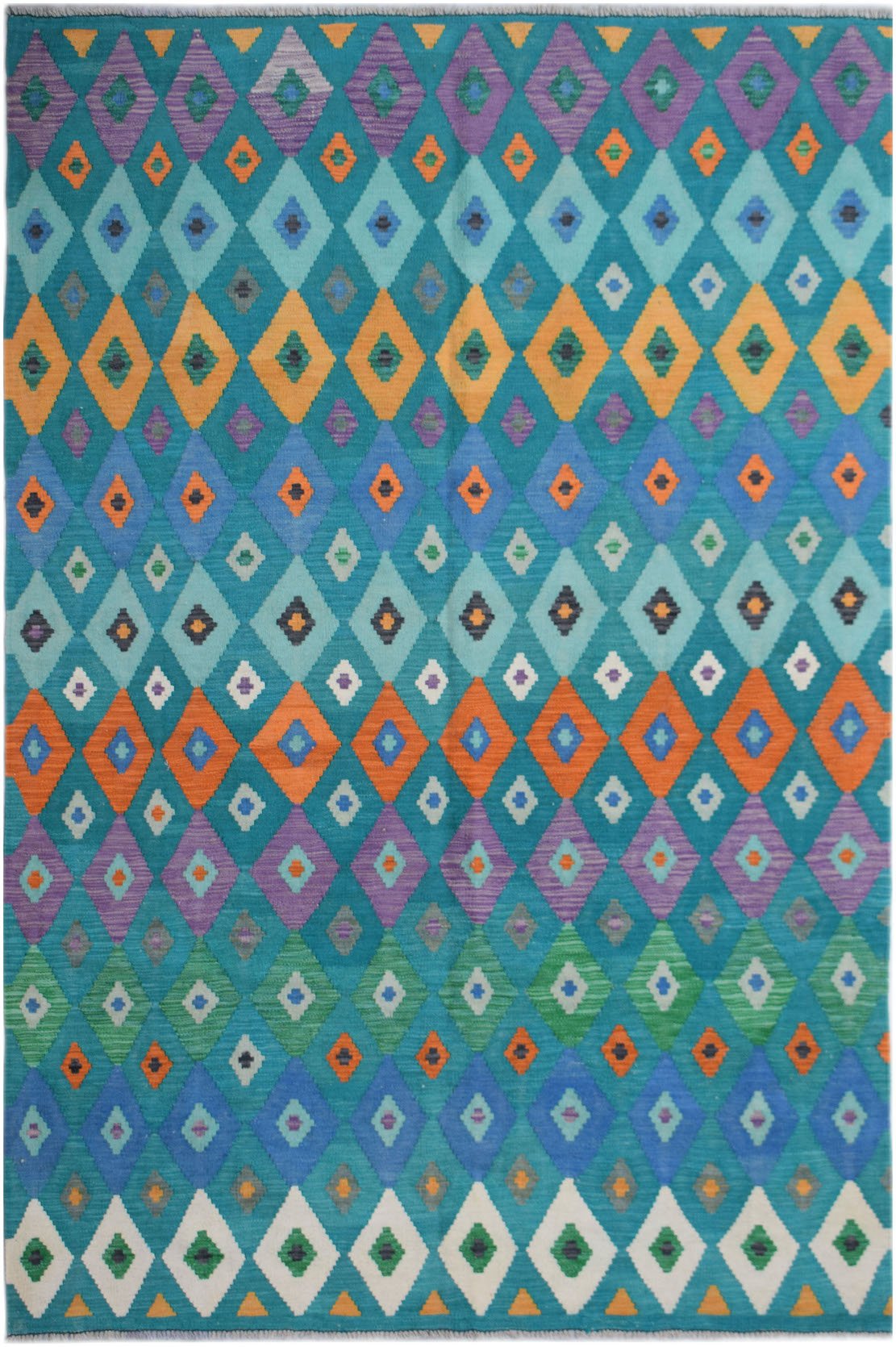 Handwoven Afghan Maimana kilim rug featuring a vibrant geometric diamond pattern in wool.