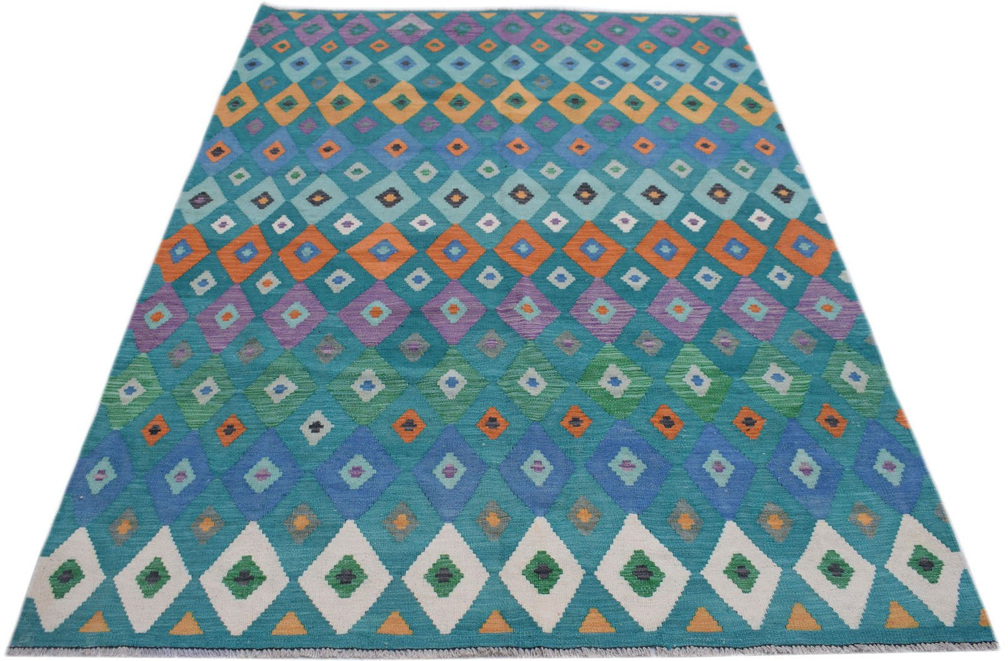 Handwoven Afghan Maimana kilim rug featuring a colorful geometric diamond pattern in wool.