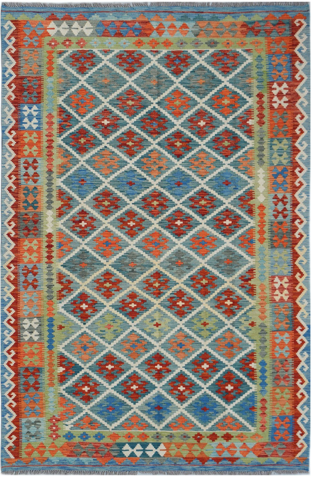 Handwoven Afghan Maimana kilim rug featuring a colorful geometric diamond pattern in wool.
