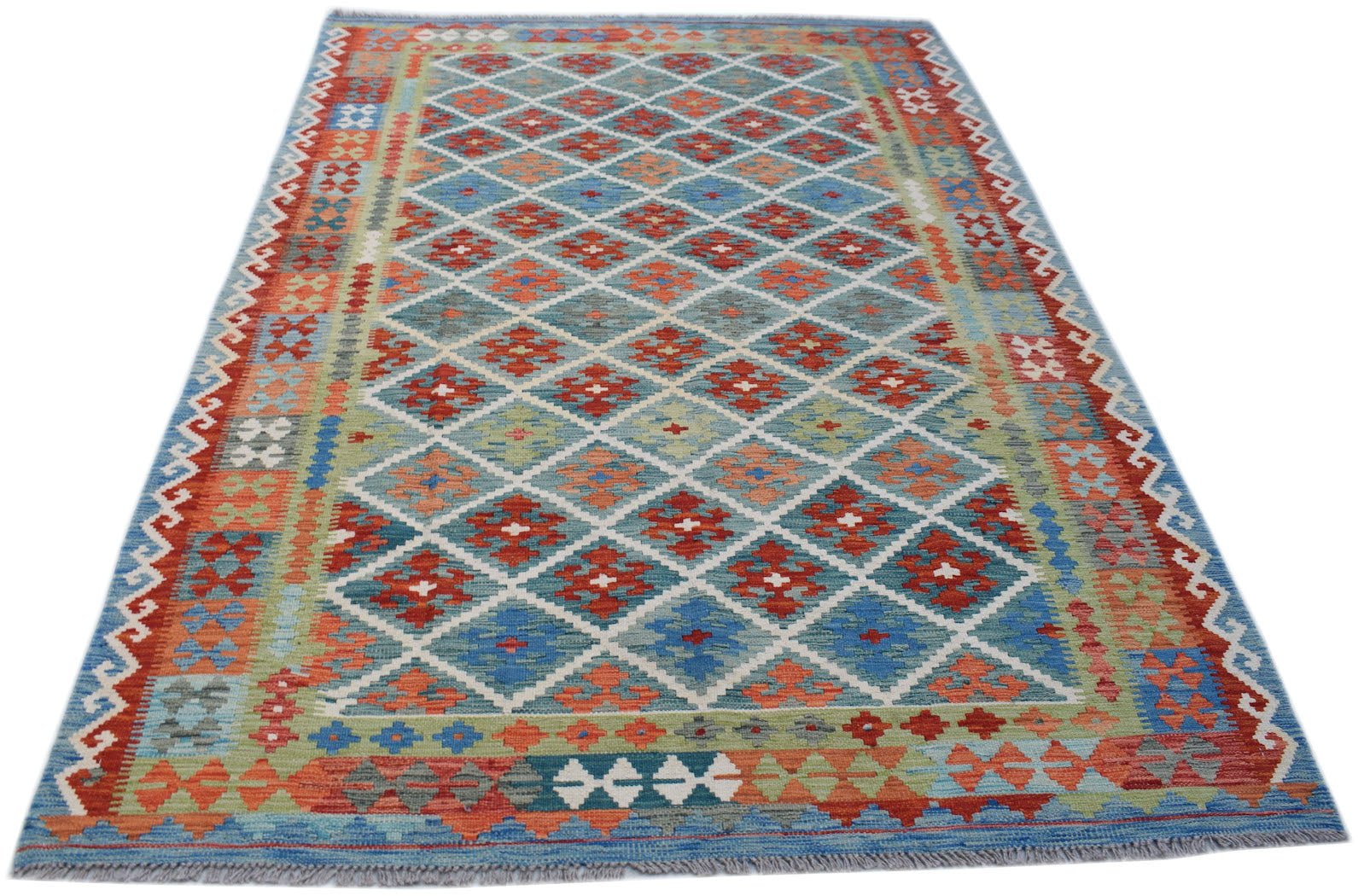 Handmade Afghan Maimana kilim rug featuring a colorful geometric diamond pattern in wool.