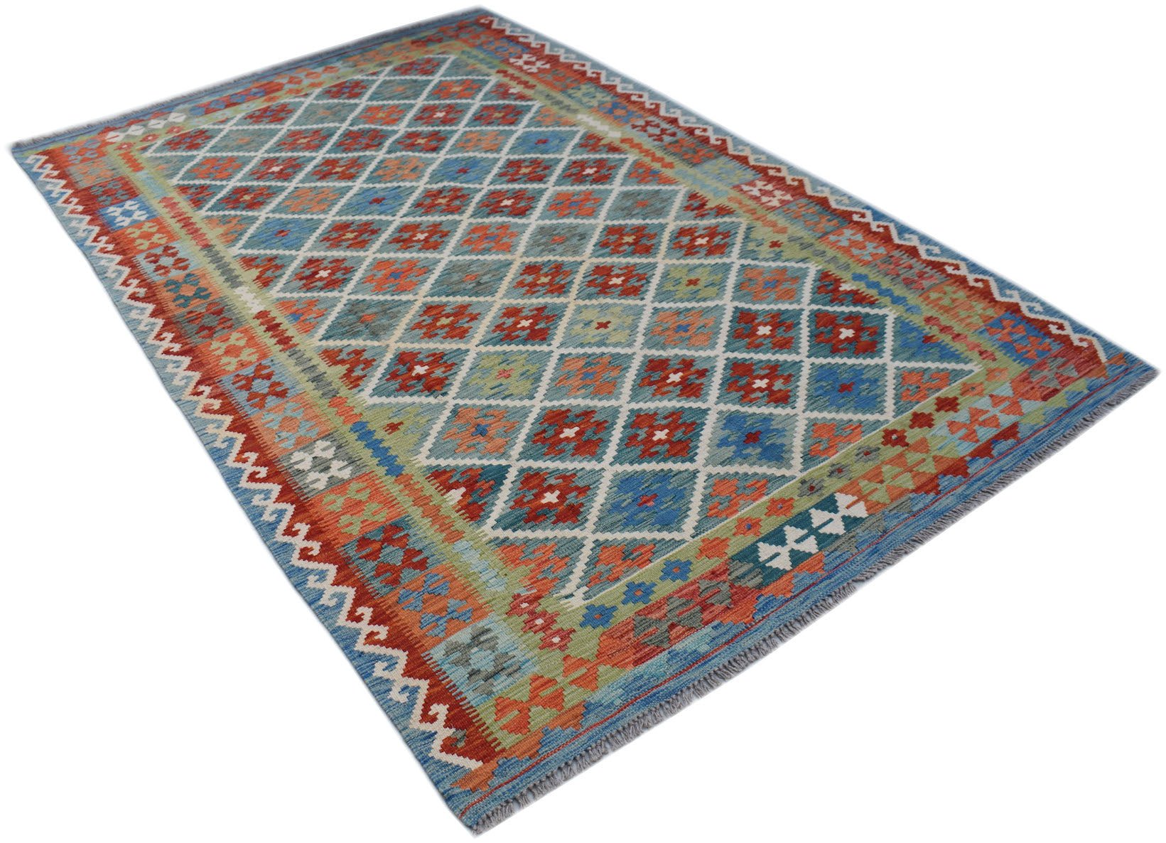 A rectangular handmade Afghan Maimana kilim rug featuring a colorful diamond pattern.