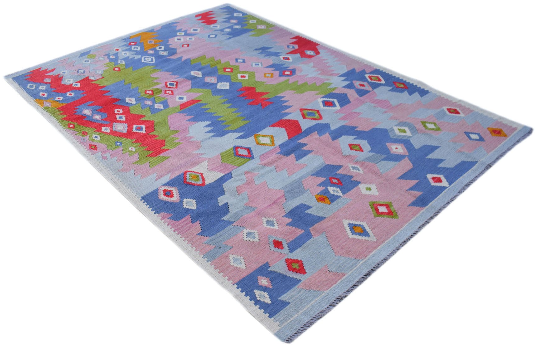 Handmade Afghan Maimana kilim rug featuring a colorful geometric pattern in wool.