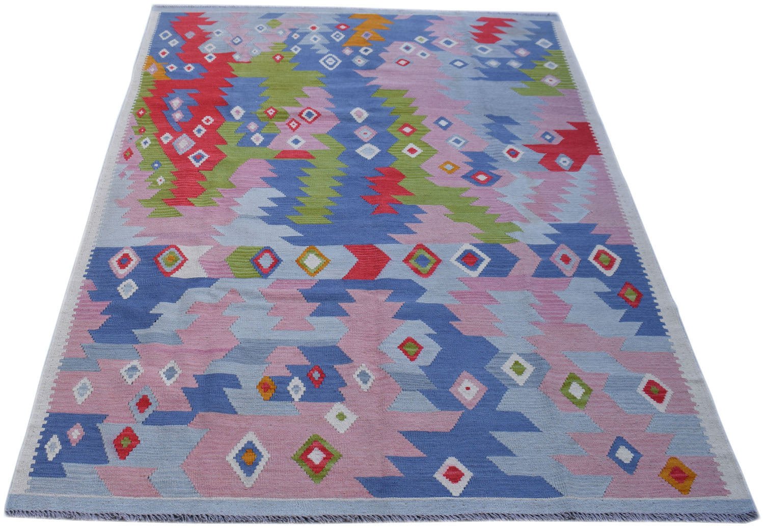 Handwoven Afghan Maimana kilim rug featuring a colorful geometric pattern in wool.