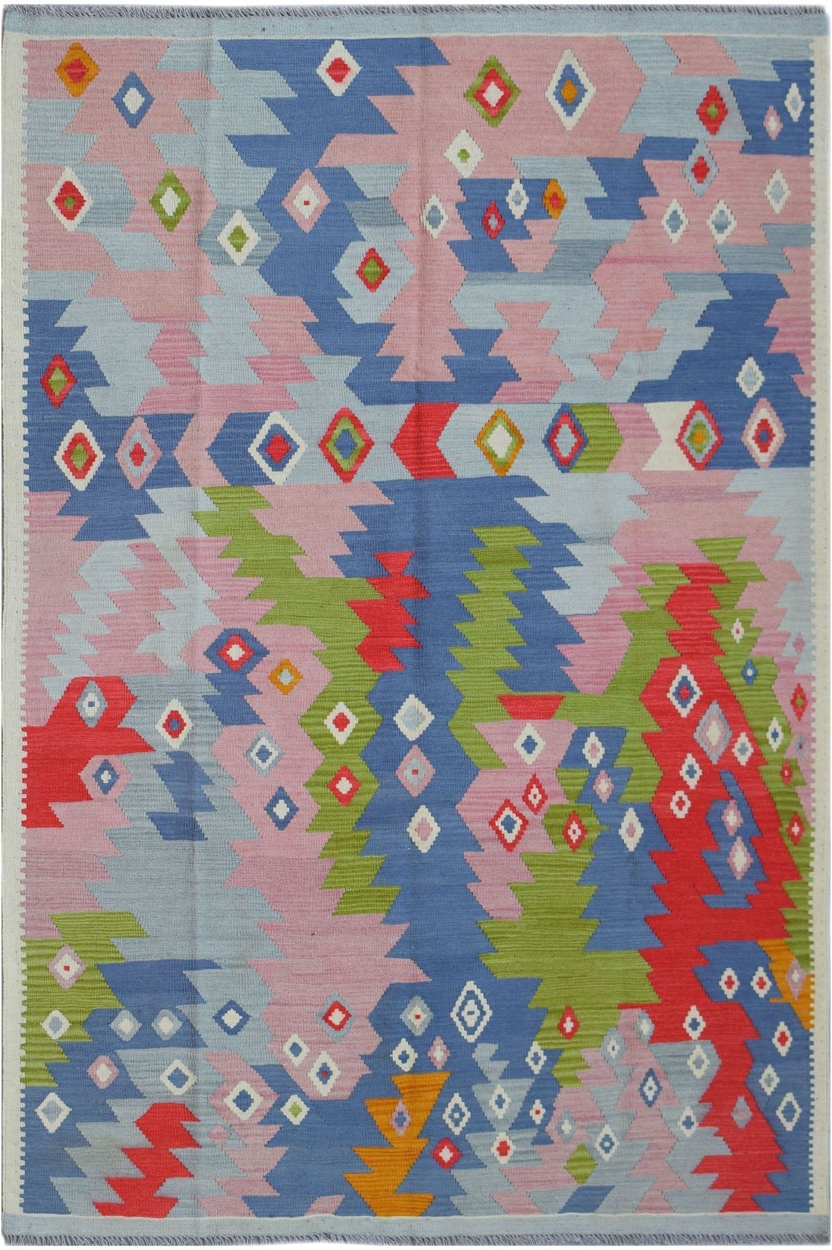 Handmade Afghan Maimana kilim rug featuring a colorful geometric pattern in wool.
