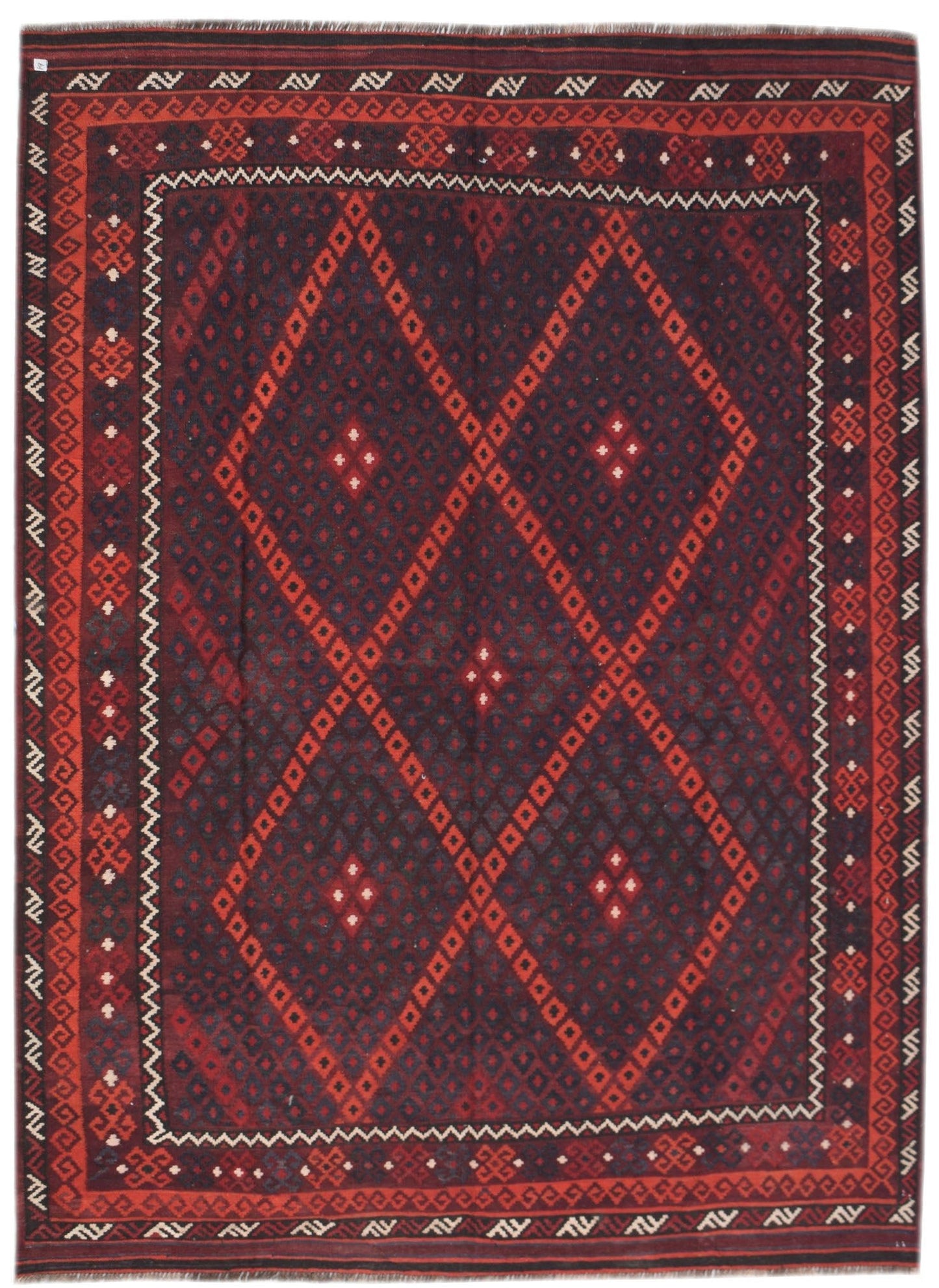 Handwoven Afghan Maimana kilim rug featuring a dark red and black geometric diamond pattern.