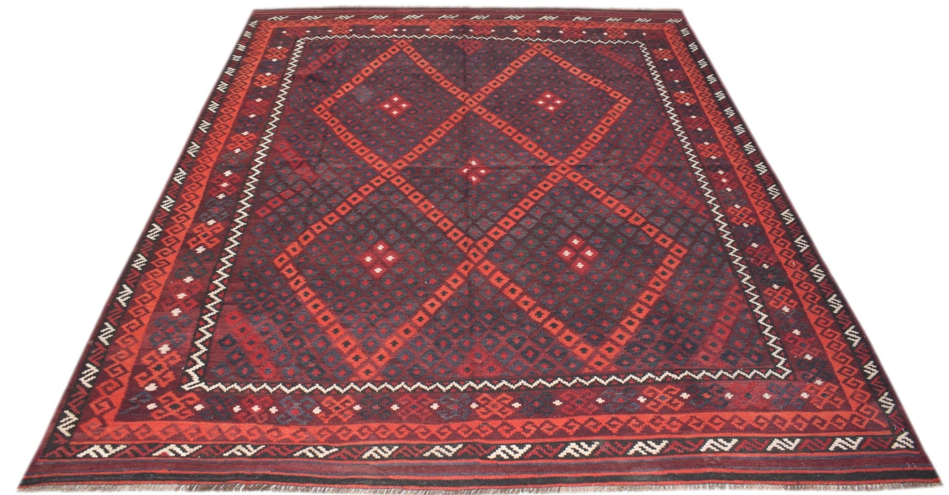 Handmade Afghan Maimana kilim rug featuring a dark red and black geometric diamond pattern.