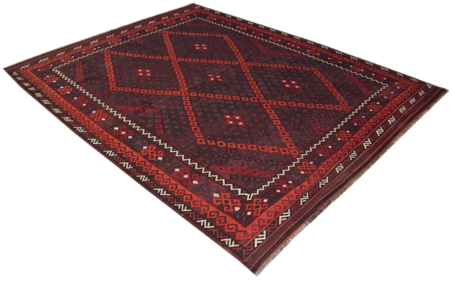 A handmade Afghan Maimana kilim rug featuring a dark red geometric diamond pattern on wool.