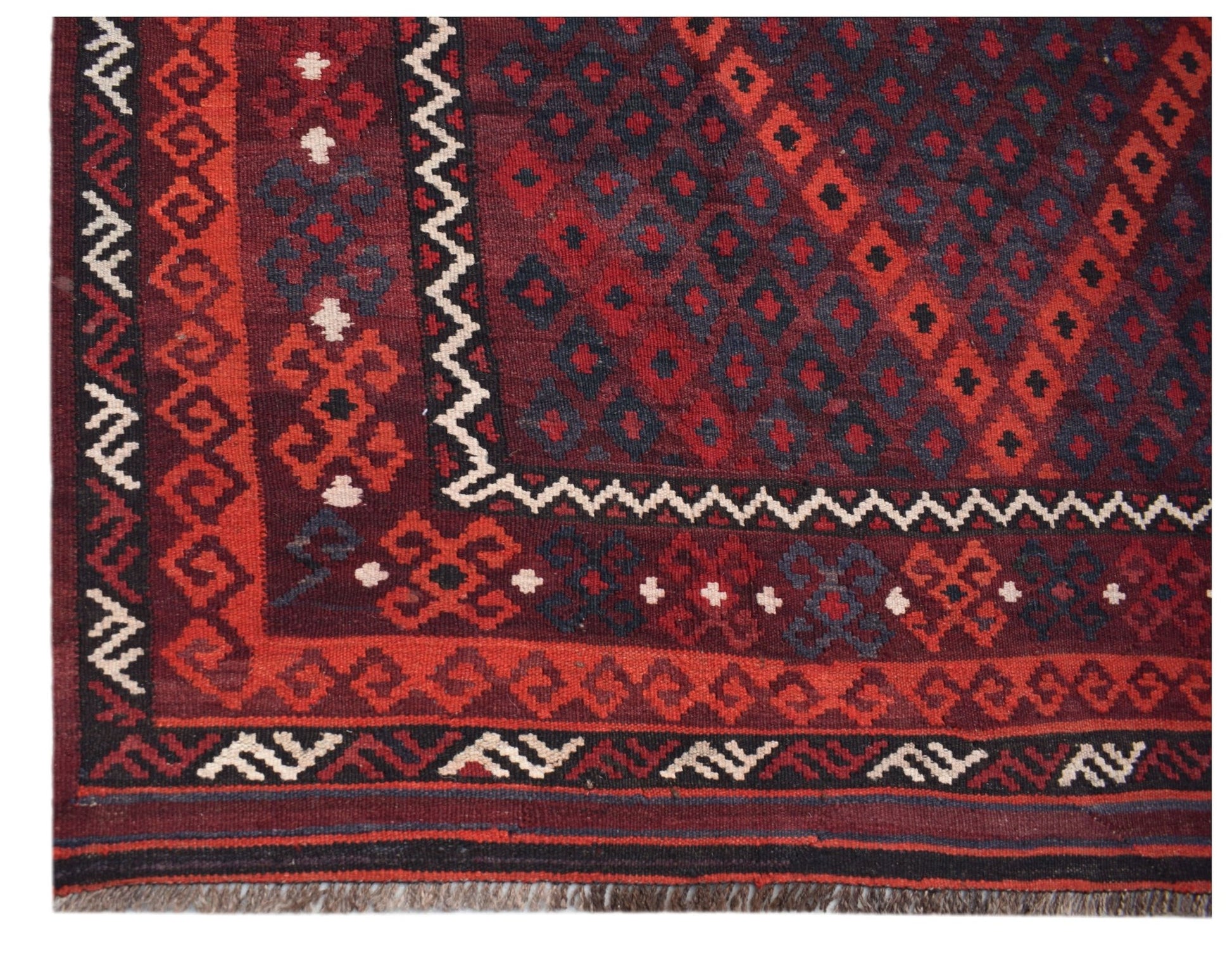 Handwoven Afghan Maimana kilim featuring a geometric pattern in deep red and dark blue wool.