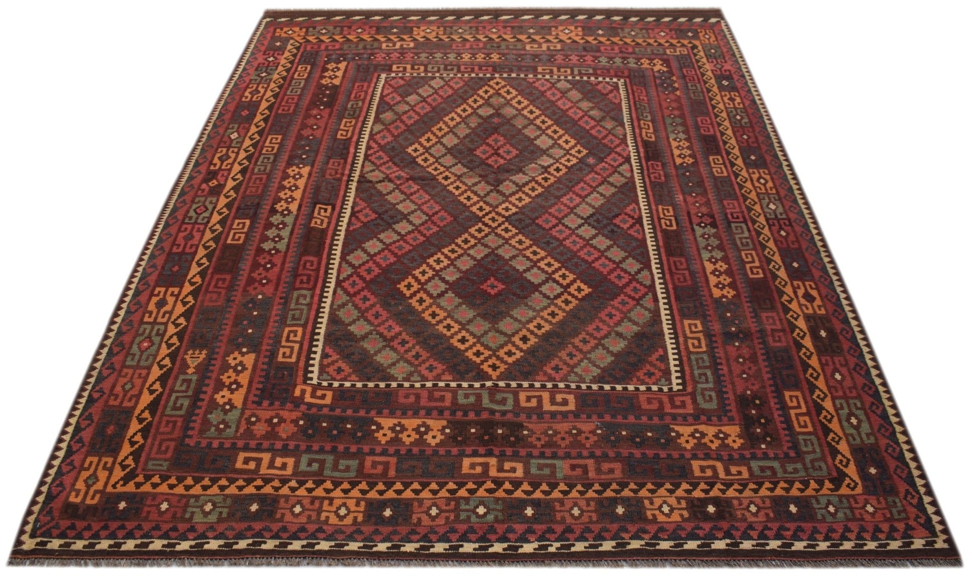 Handwoven Afghan Maimana kilim rug featuring a geometric diamond pattern in rich earthy tones.