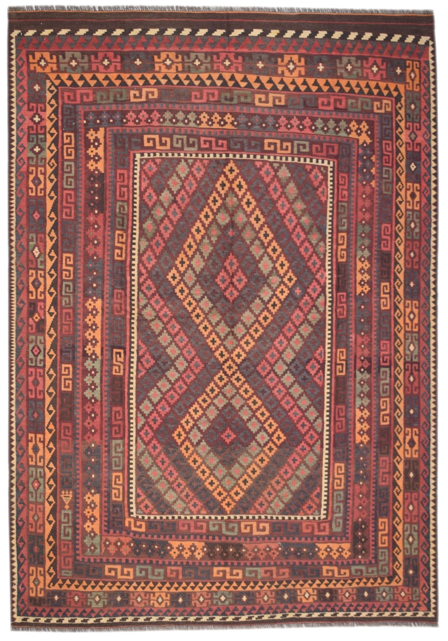 Handwoven Afghan Maimana kilim rug featuring a geometric diamond pattern in rich, earthy tones.