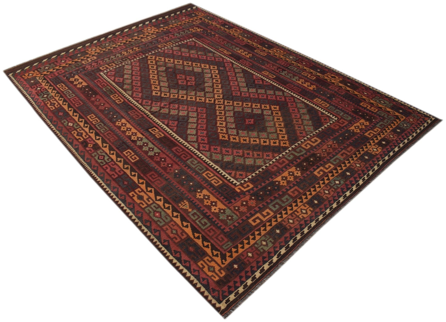 Handmade Afghan Maimana kilim rug featuring a geometric pattern in rich red and brown tones.